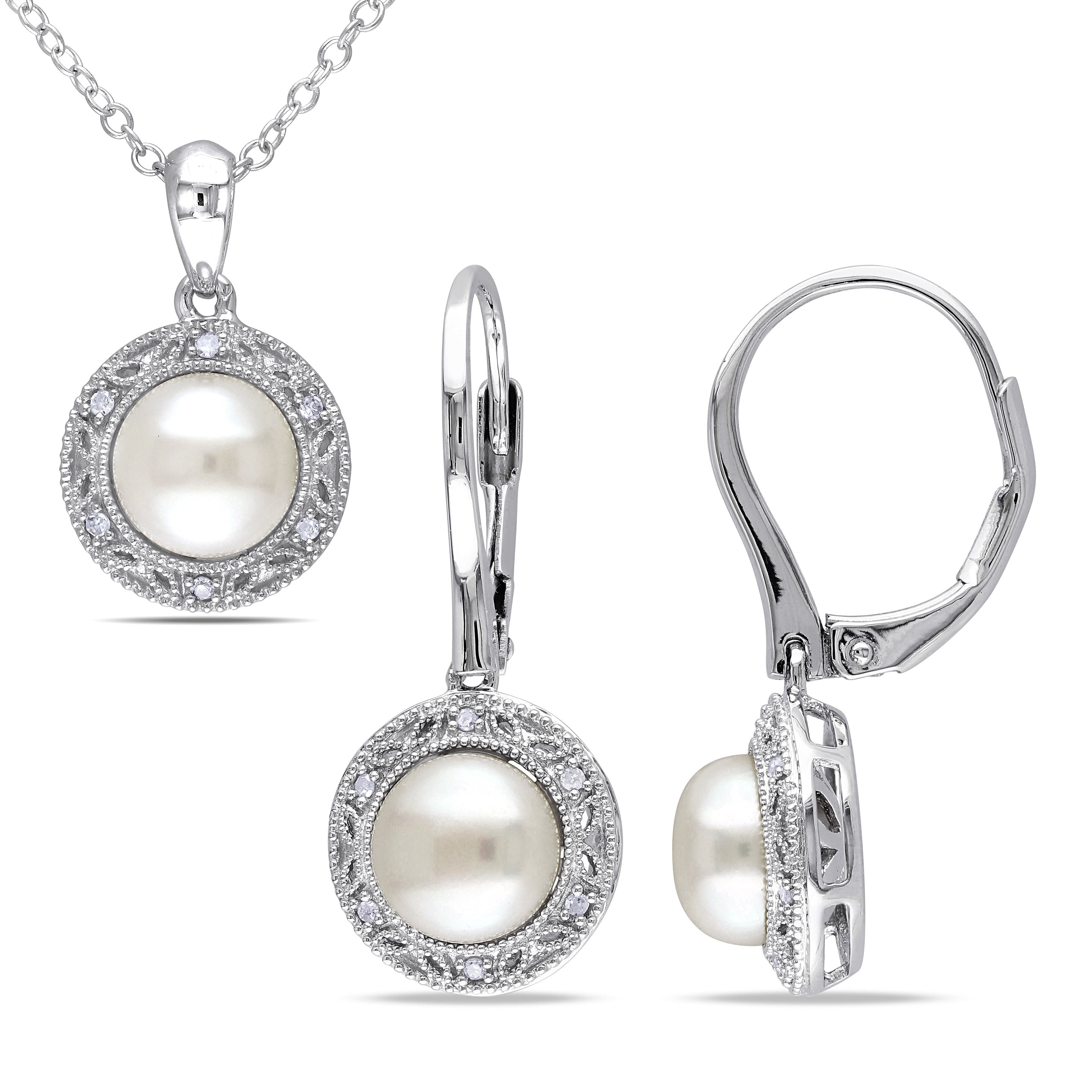 Miadora Sterling Silver Cultured Freshwater Pearl And 1 10Ct Tdw Diamond Halo Necklace And Earrings Set 7.5 8 Mm G H I2 I3