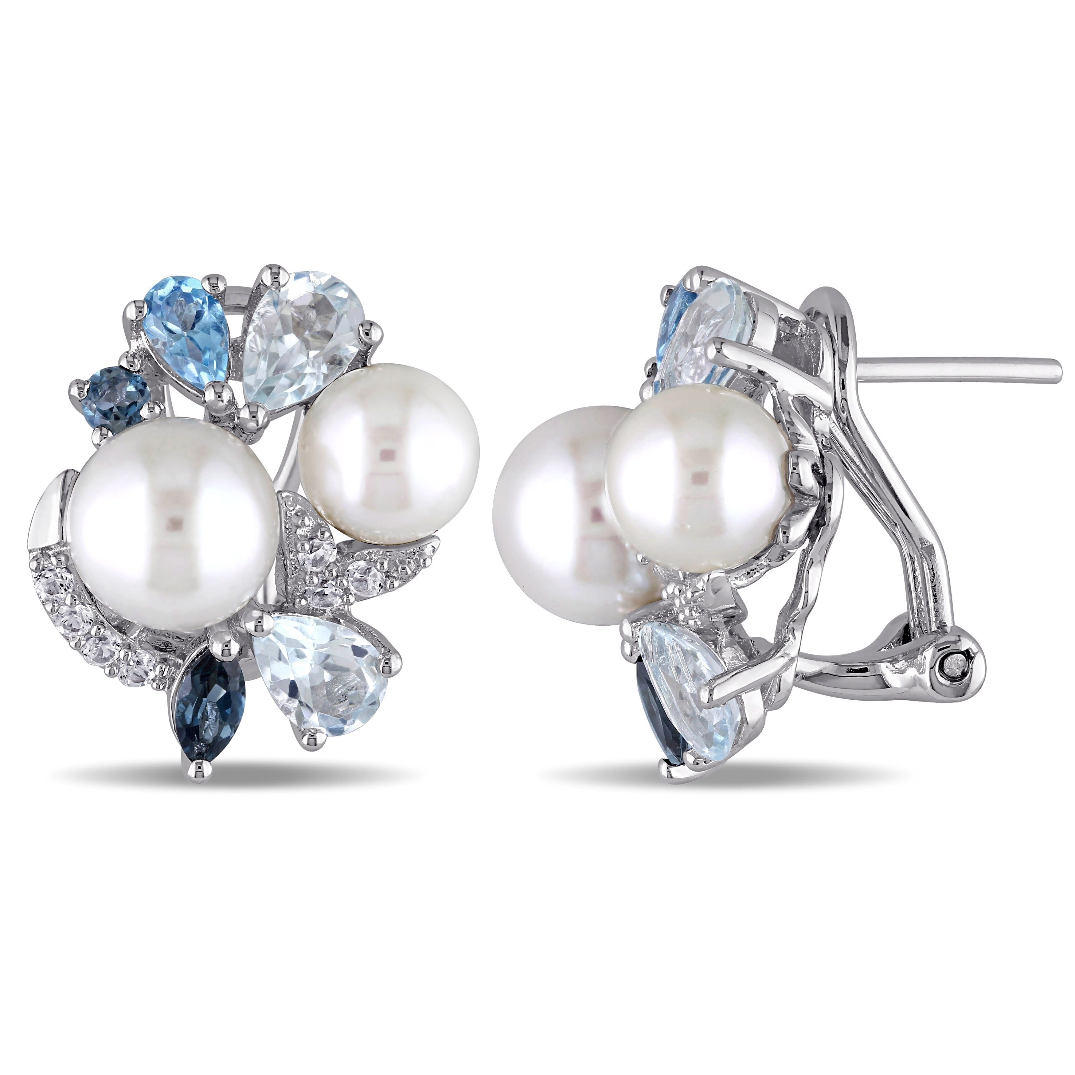 Miadora Sterling Silver Cultured Freshwater Pearl And Blue Topaz And Created White Sapphire Stud Earrings