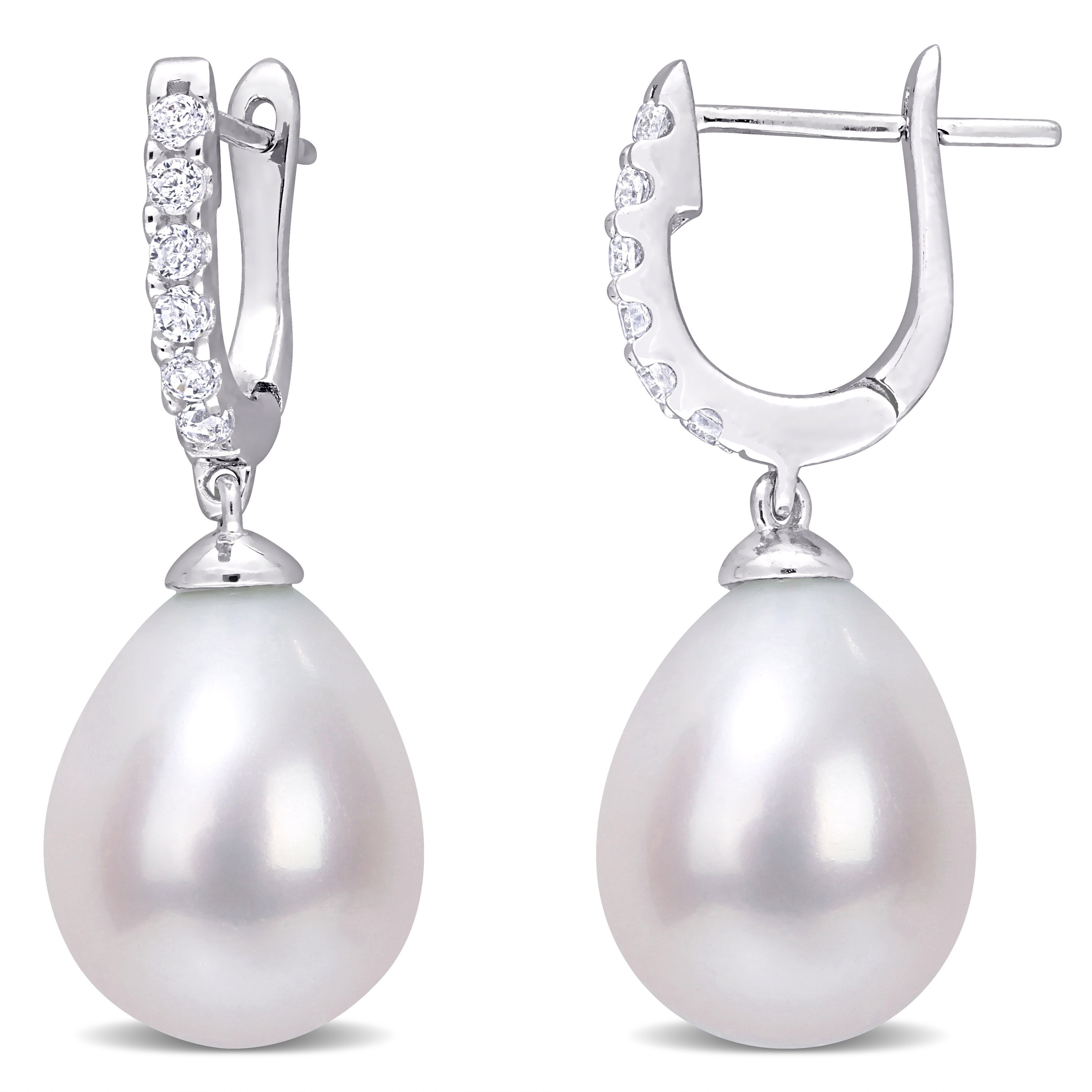 Miadora Sterling Silver Cultured Freshwater Pearl And Cubic Zirconia Drop Huggie Earrings 8.5 9Mm