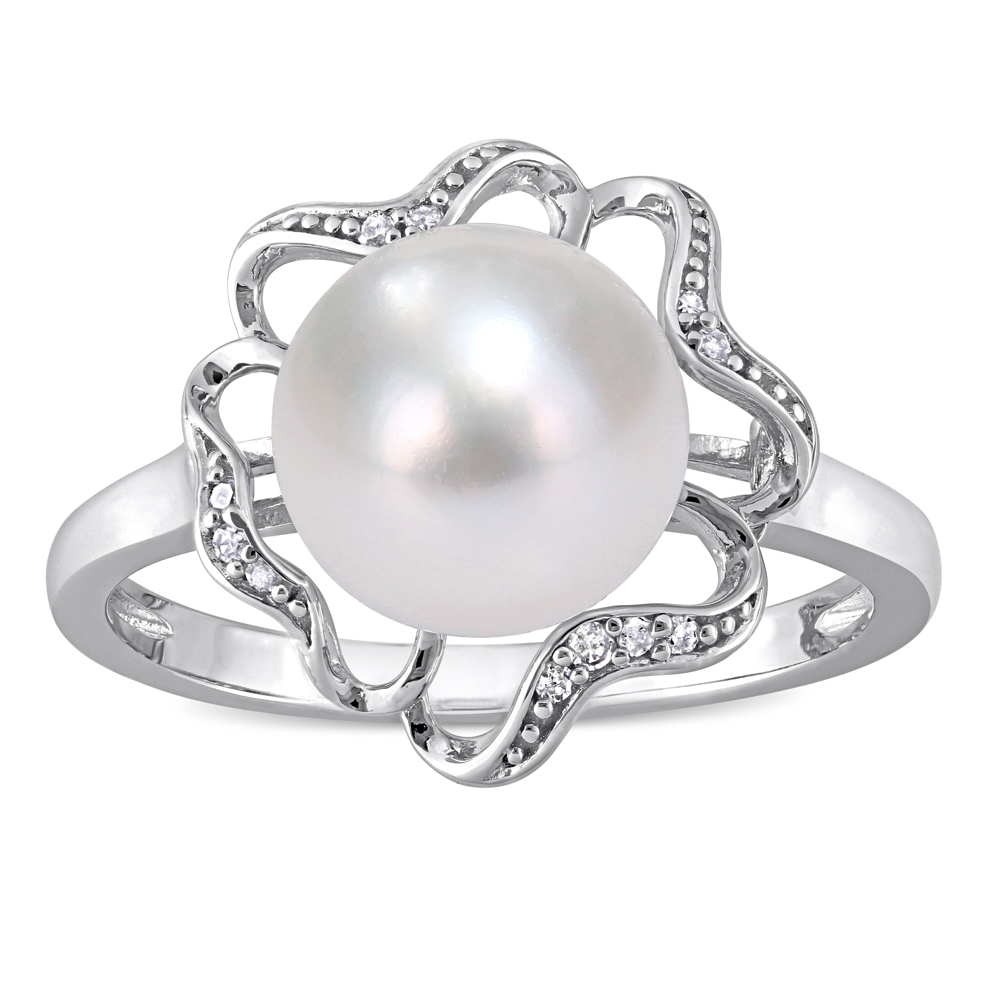 Miadora Sterling Silver Cultured Freshwater Pearl And Diamond Accent Floral Cocktail Ring 9 9.5 Mm