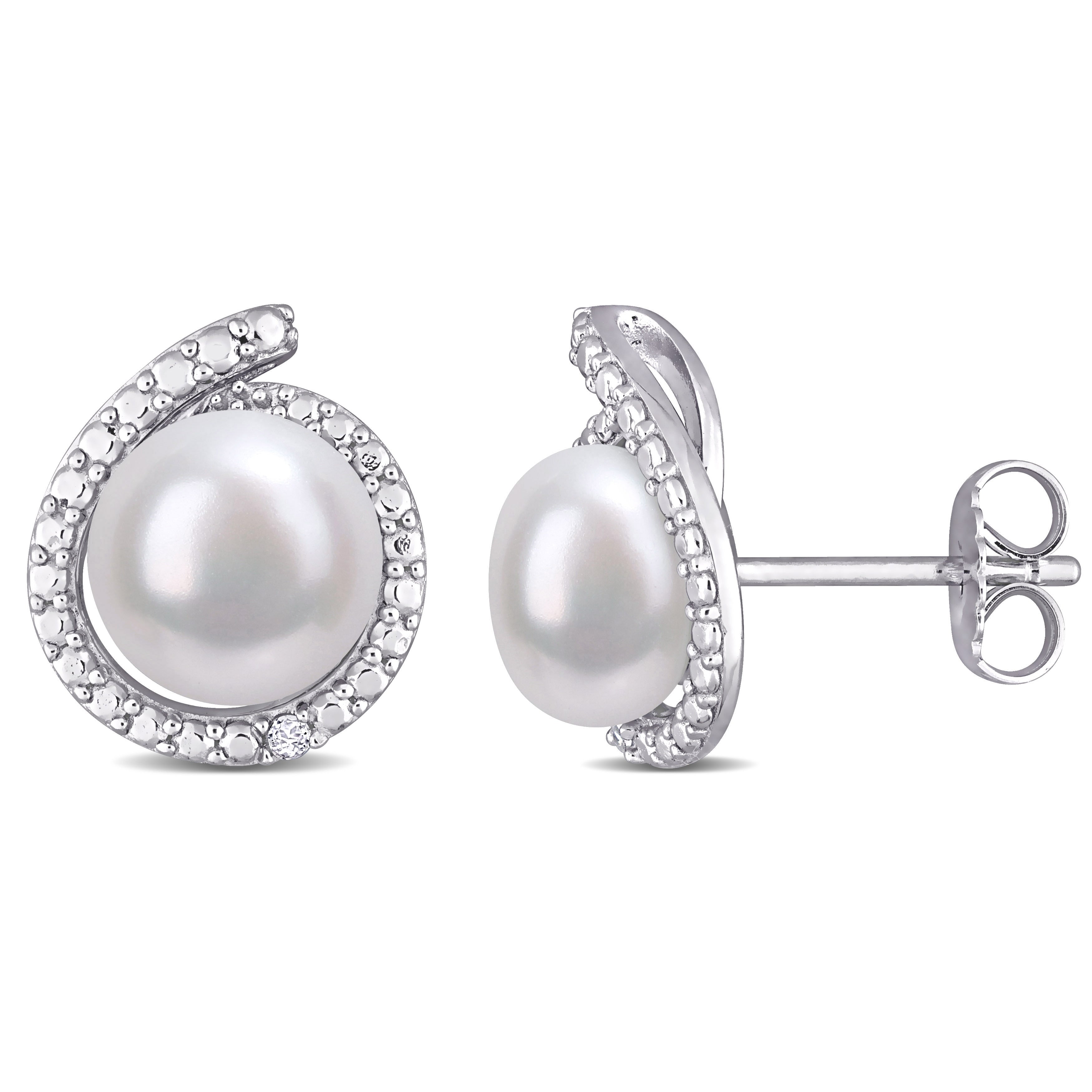 Miadora Sterling Silver Cultured Freshwater Pearl And Diamond Accent Halo Stud Earrings 8 8.5Mm