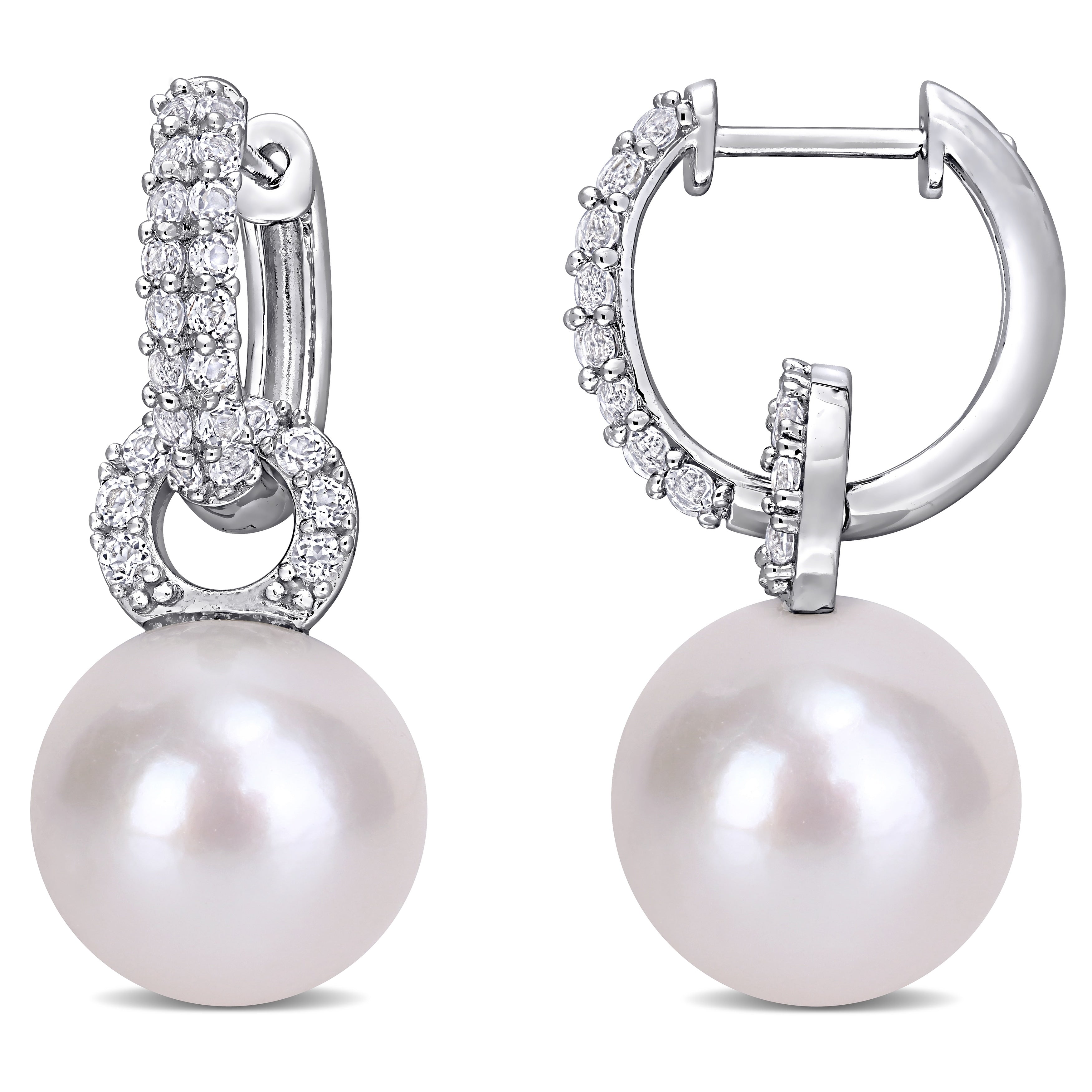 Miadora Sterling Silver Cultured Freshwater Pearl And White Topaz Hoop Drop Earrings 11 12 Mm