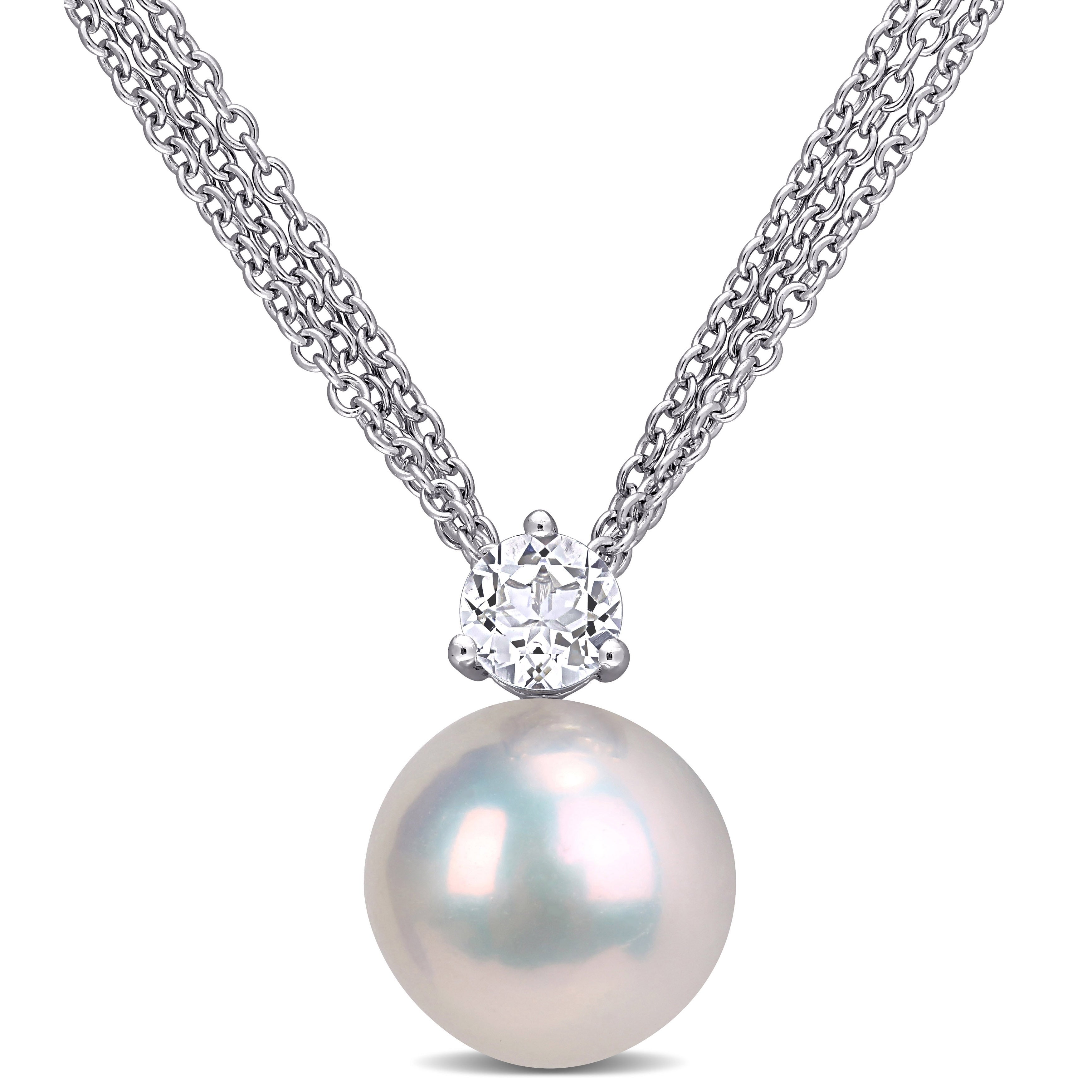 Miadora Sterling Silver Cultured Freshwater Pearl And White Topaz Multi Chain Necklace 11 12 Mm