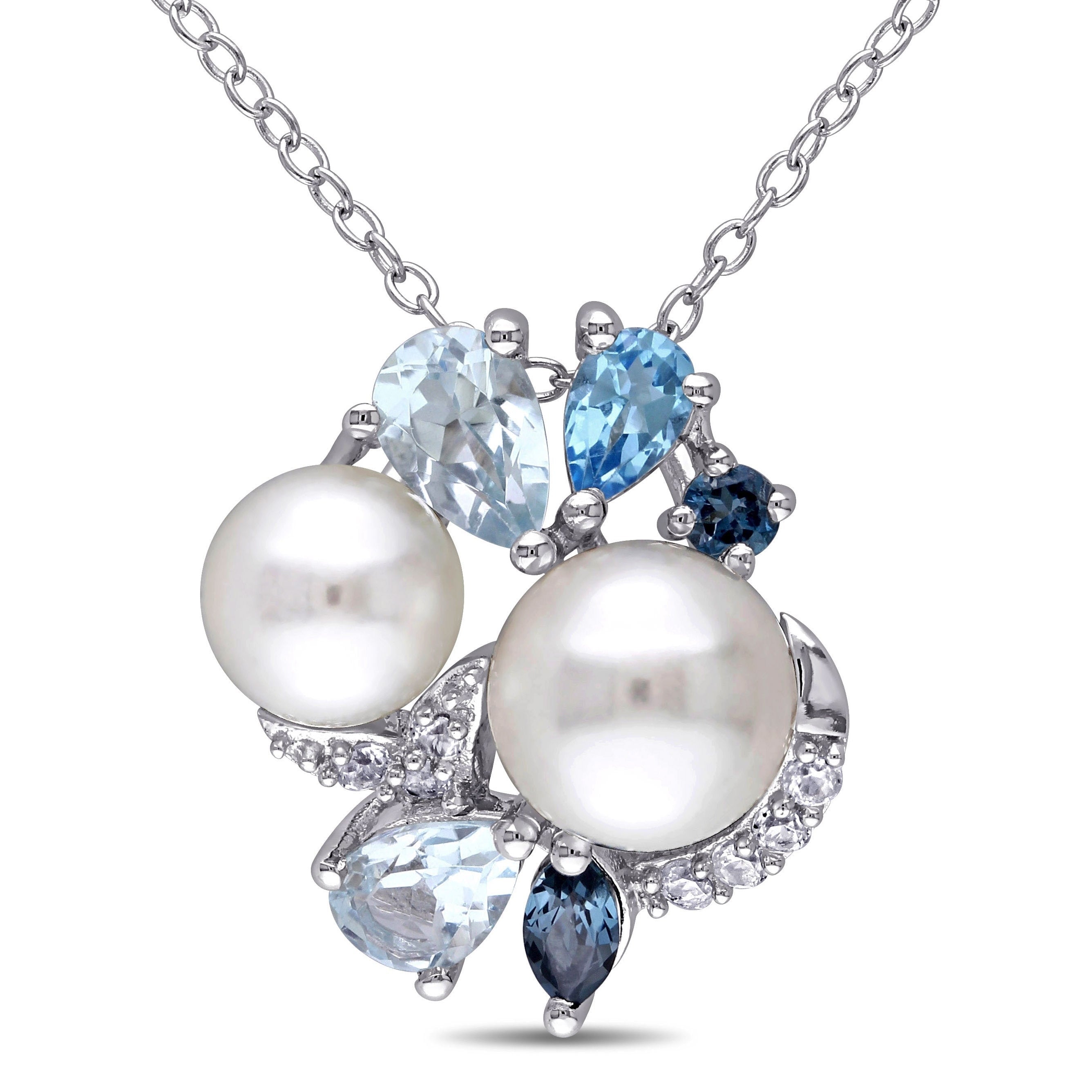 Miadora Sterling Silver Cultured Freshwater Pearl Blue Topaz And Created White Sapphire Necklace