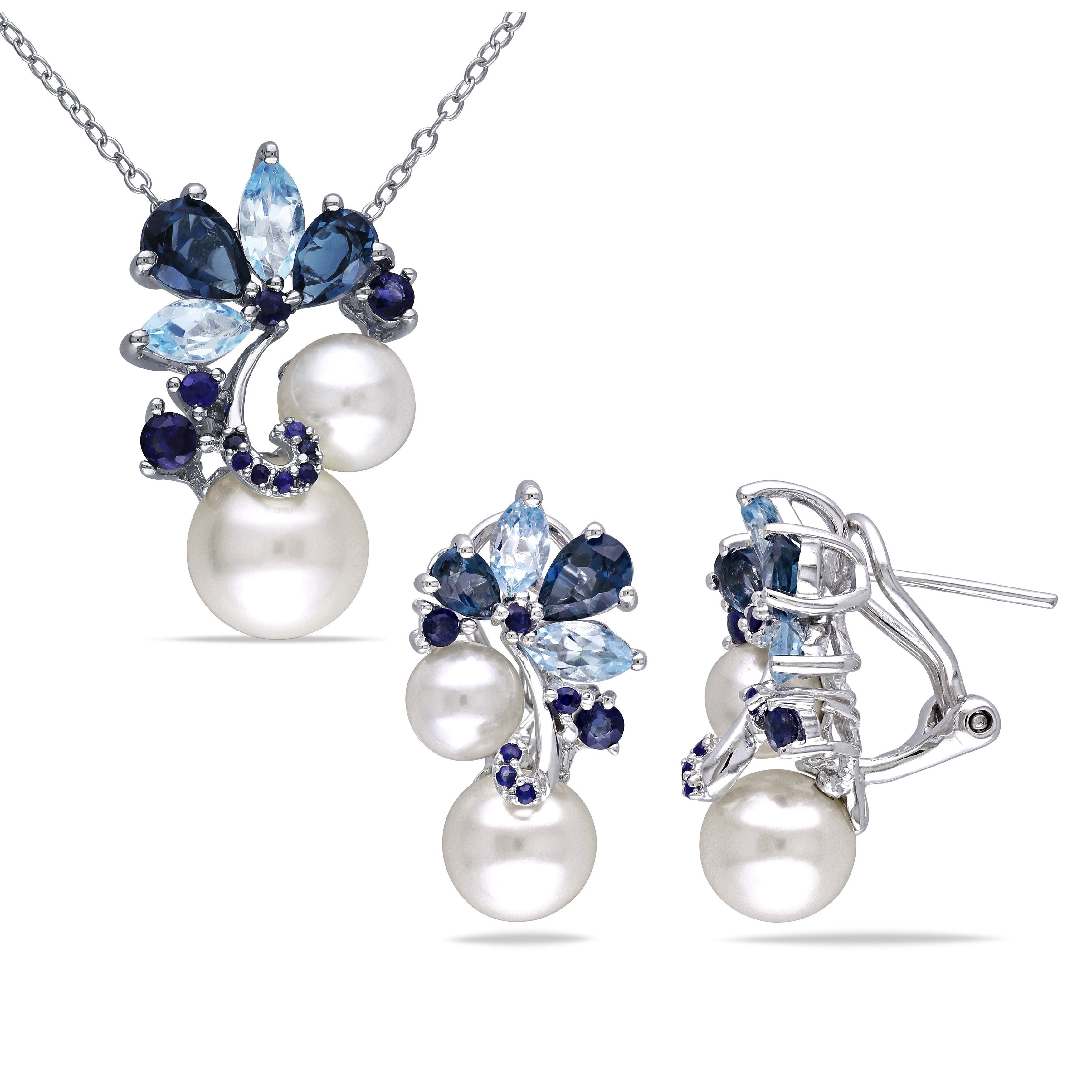 Miadora Sterling Silver Cultured Freshwater Pearl Topaz And Sapphire Necklace And Earrings Set