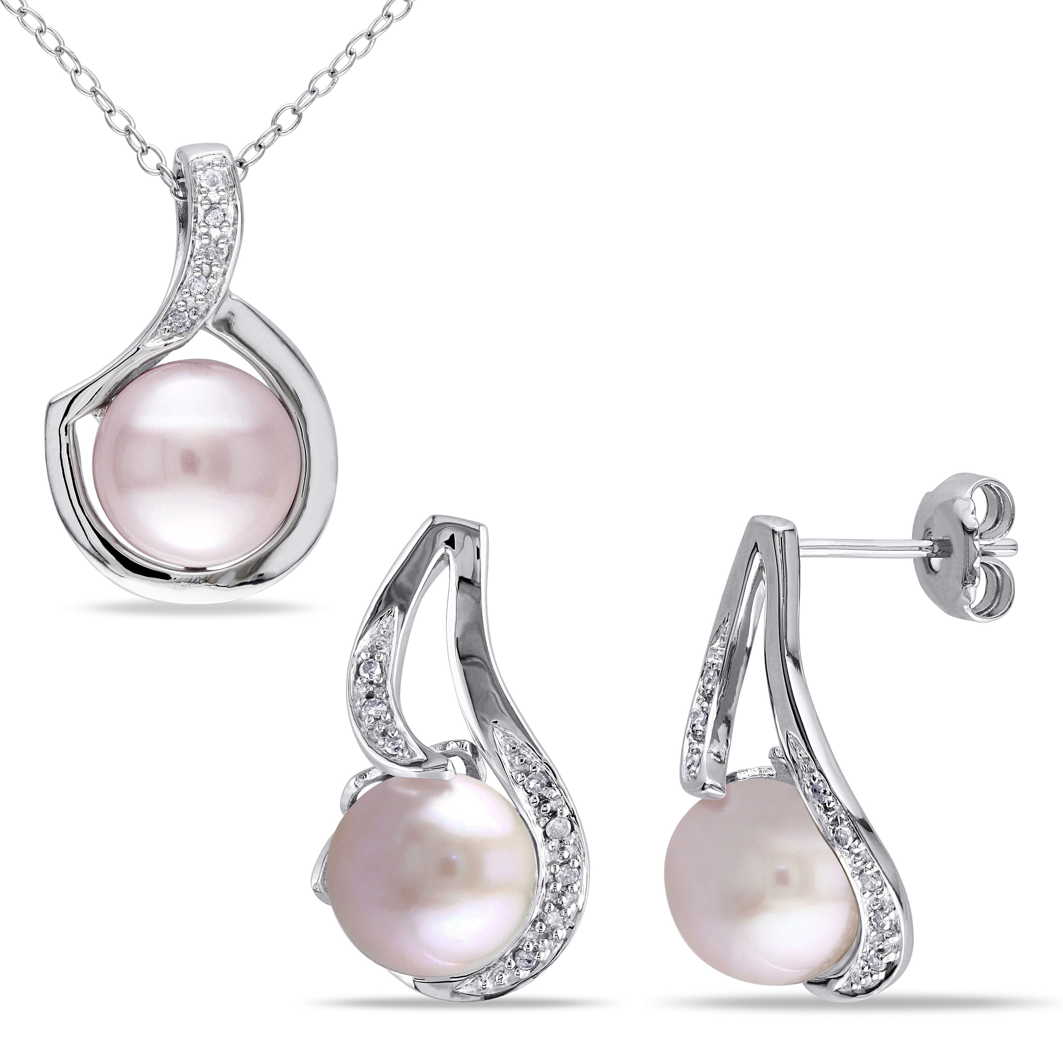Miadora Sterling Silver Cultured Freshwater Pink Pearl 1 10Ct Tdw Diamond Swirl Necklace And Earrings Set G H I2 I3