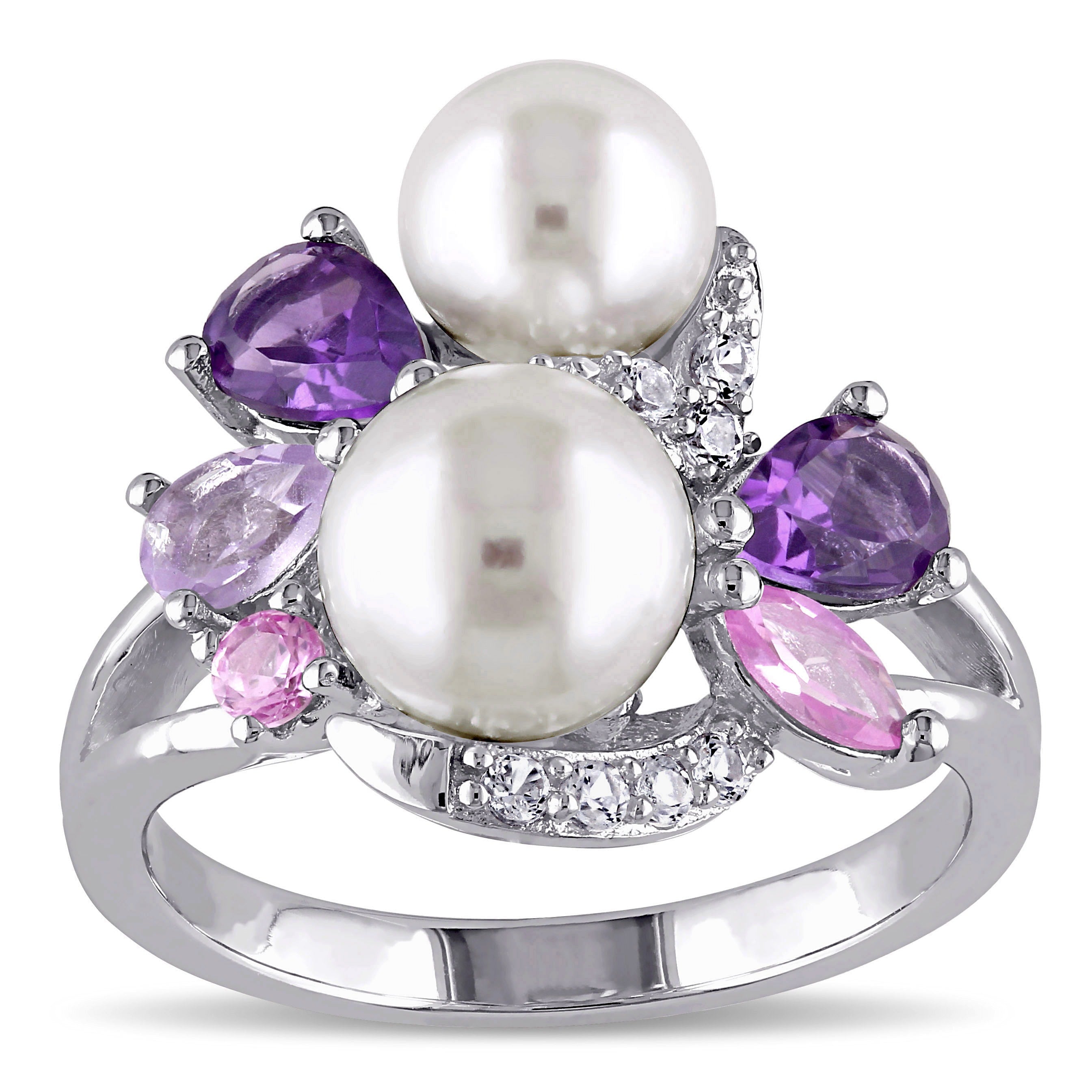 Miadora Sterling Silver Cultured Freshwater White Pearl Amethyst Created Sapphire And Rose De Fran