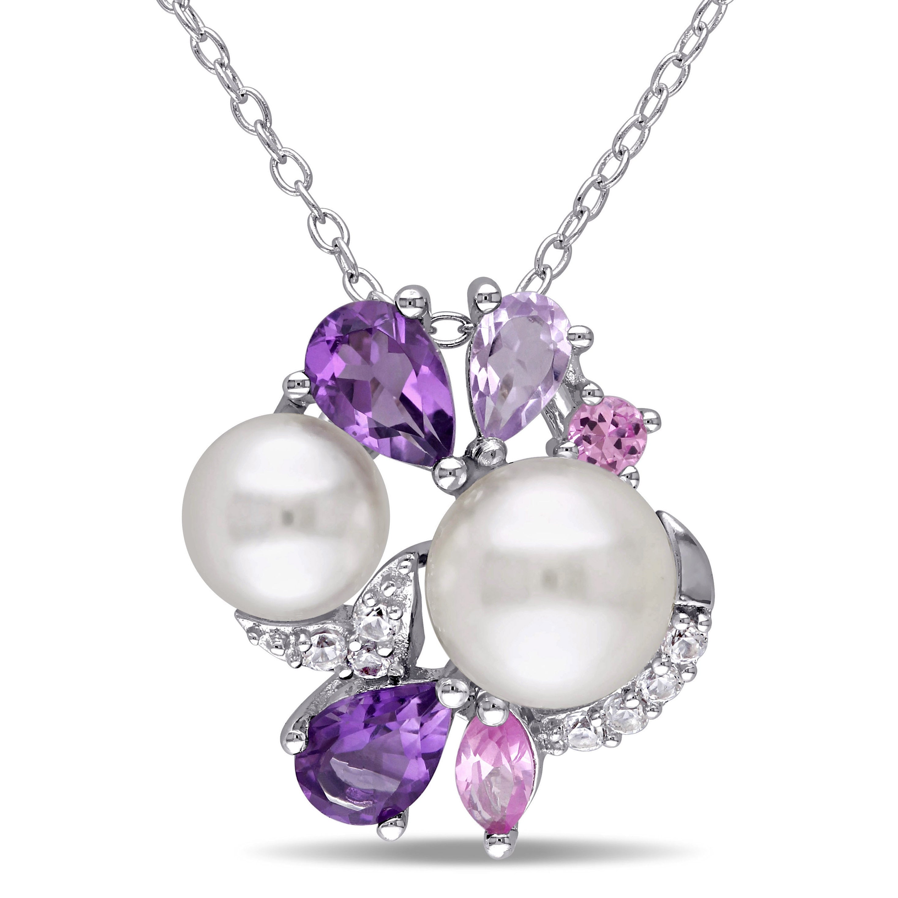 Miadora Sterling Silver Cultured Freshwater White Pearl Multi Gemstone Necklace 6.5 8 Mm