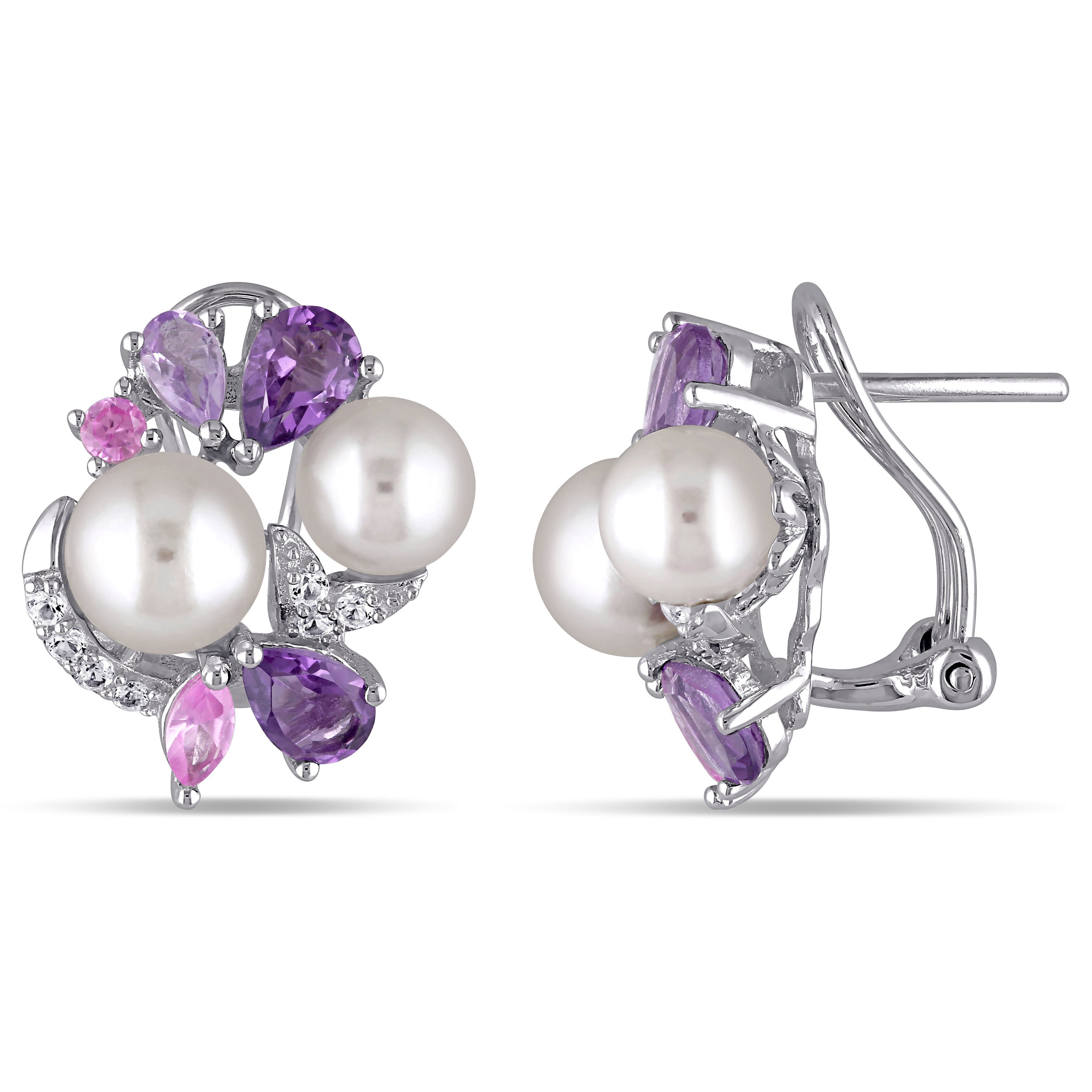 Miadora Sterling Silver Cultured Freshwater White Pearl Sapphire Amethyst And Rose De France Earrings 6.5 8 Mm Purple