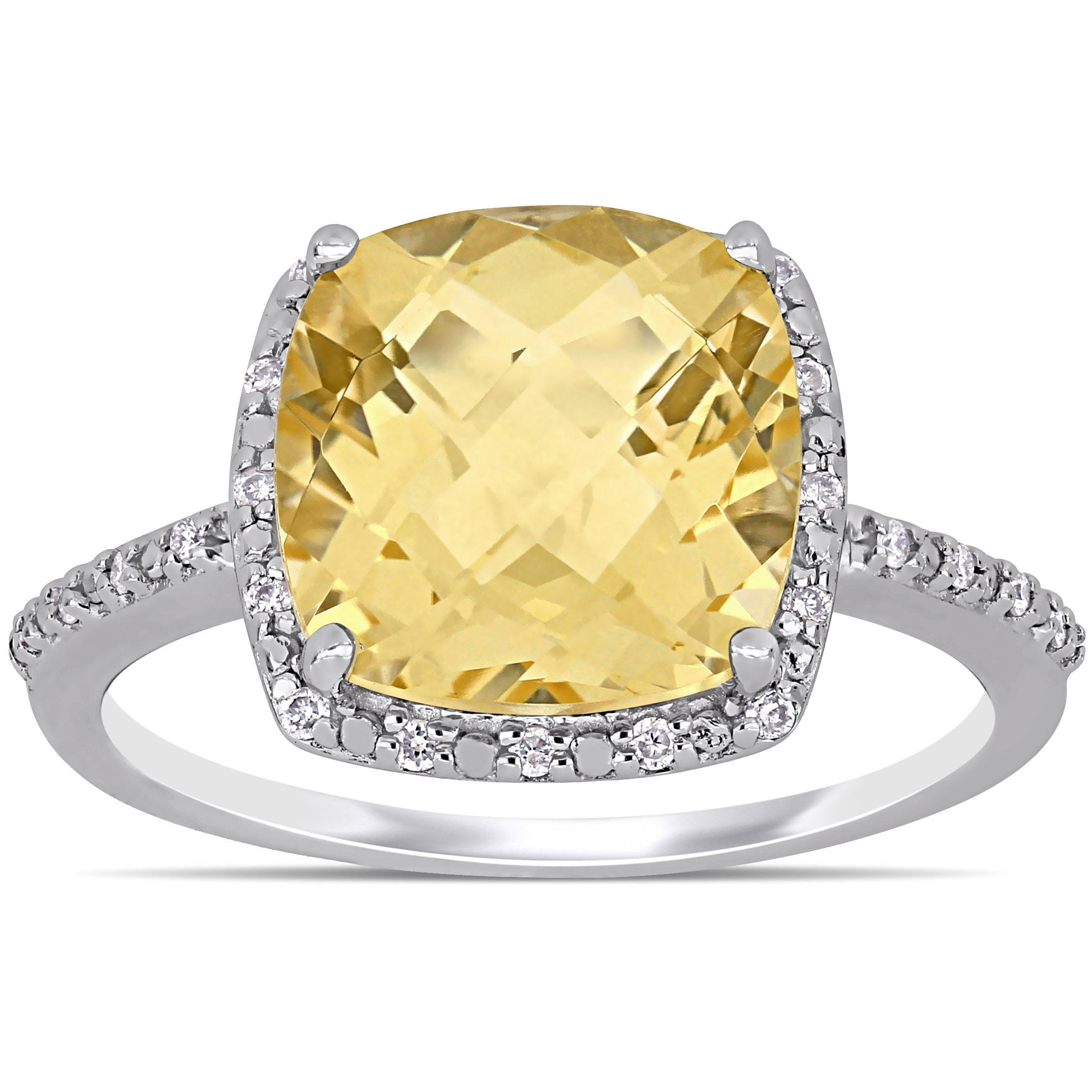Miadora Sterling Silver Cushion Checkerboard Cut Citrine And 1 10Ct Tdw Diamond Cocktail Ring