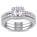 Miadora Sterling Silver Cushion And Round Cut Created White Sapphire Halo 3 Piece Bridal Ring Set