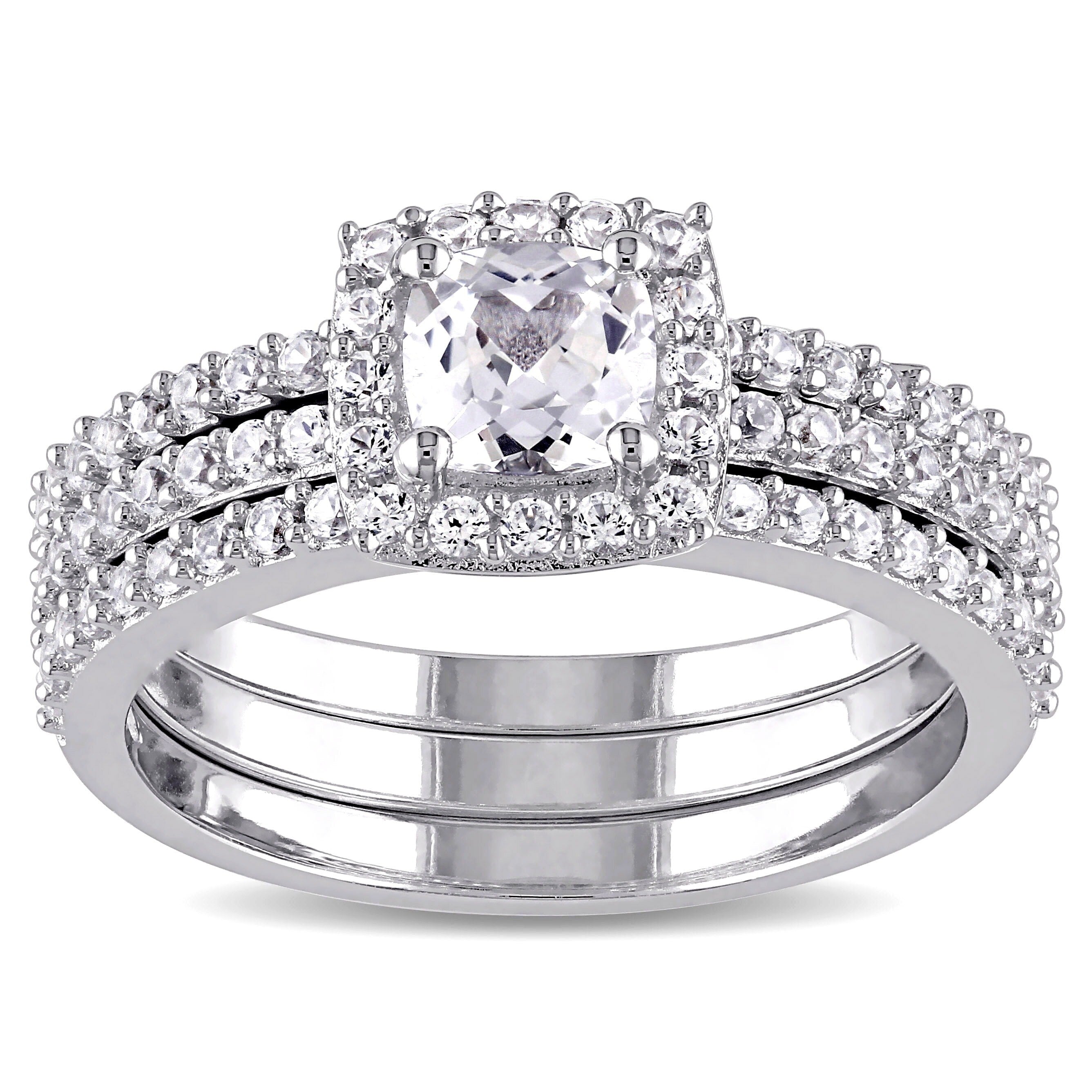Miadora Sterling Silver Cushion And Round Cut Created White Sapphire Halo 3 Piece Bridal Ring Set