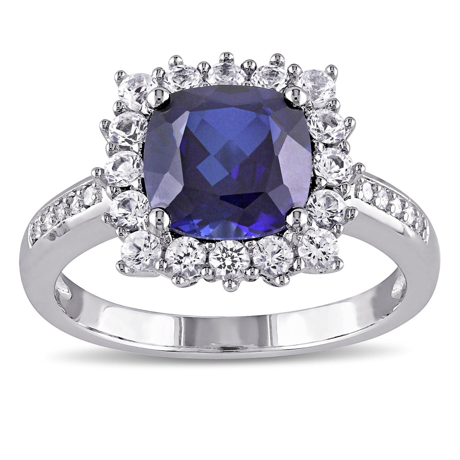 Miadora Sterling Silver Cushion Cut Created Blue And White Sapphire With Diamond Accents Square Halo Engagement Ring