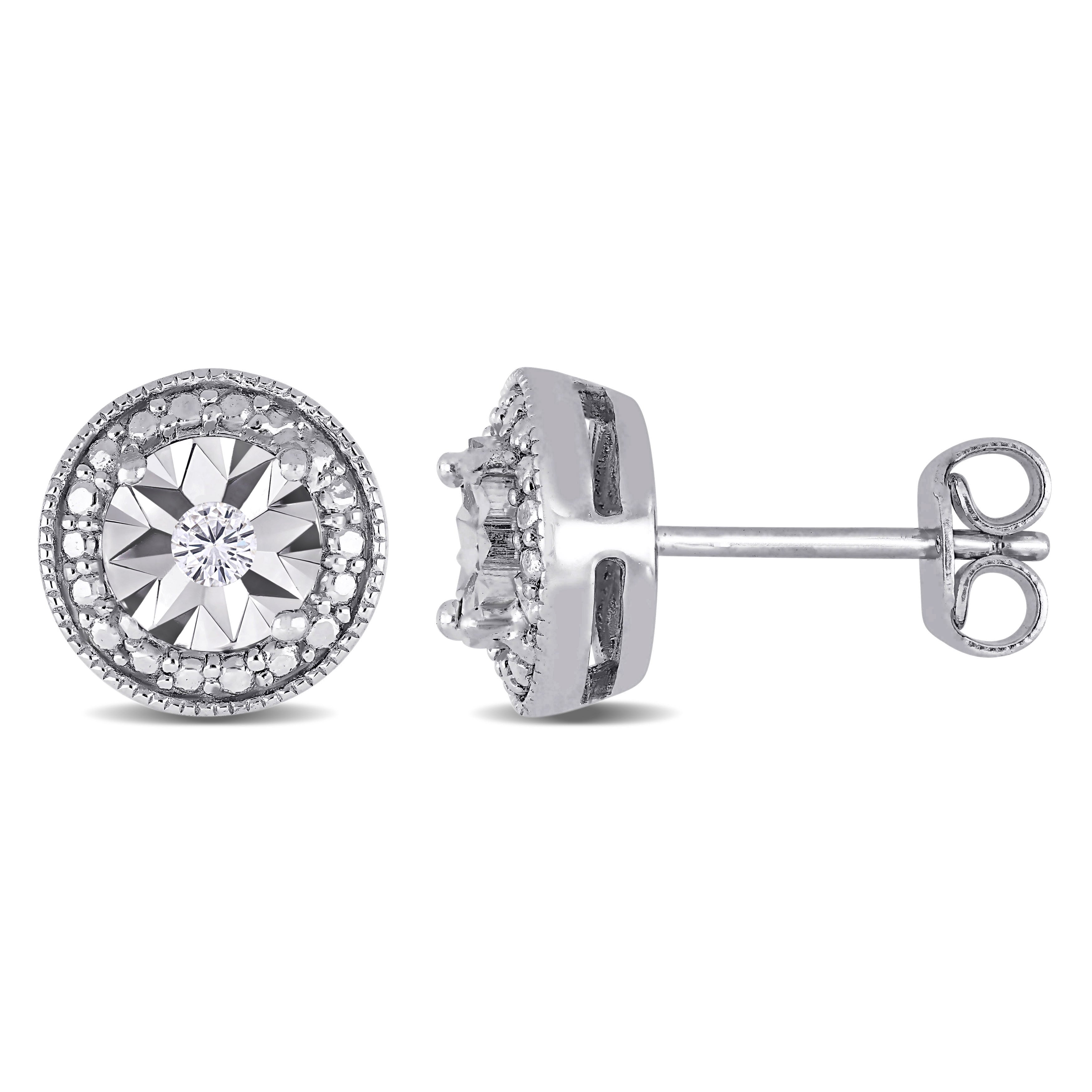 Miadora Sterling Silver Diamond Round Halo Stud Earrings White H I