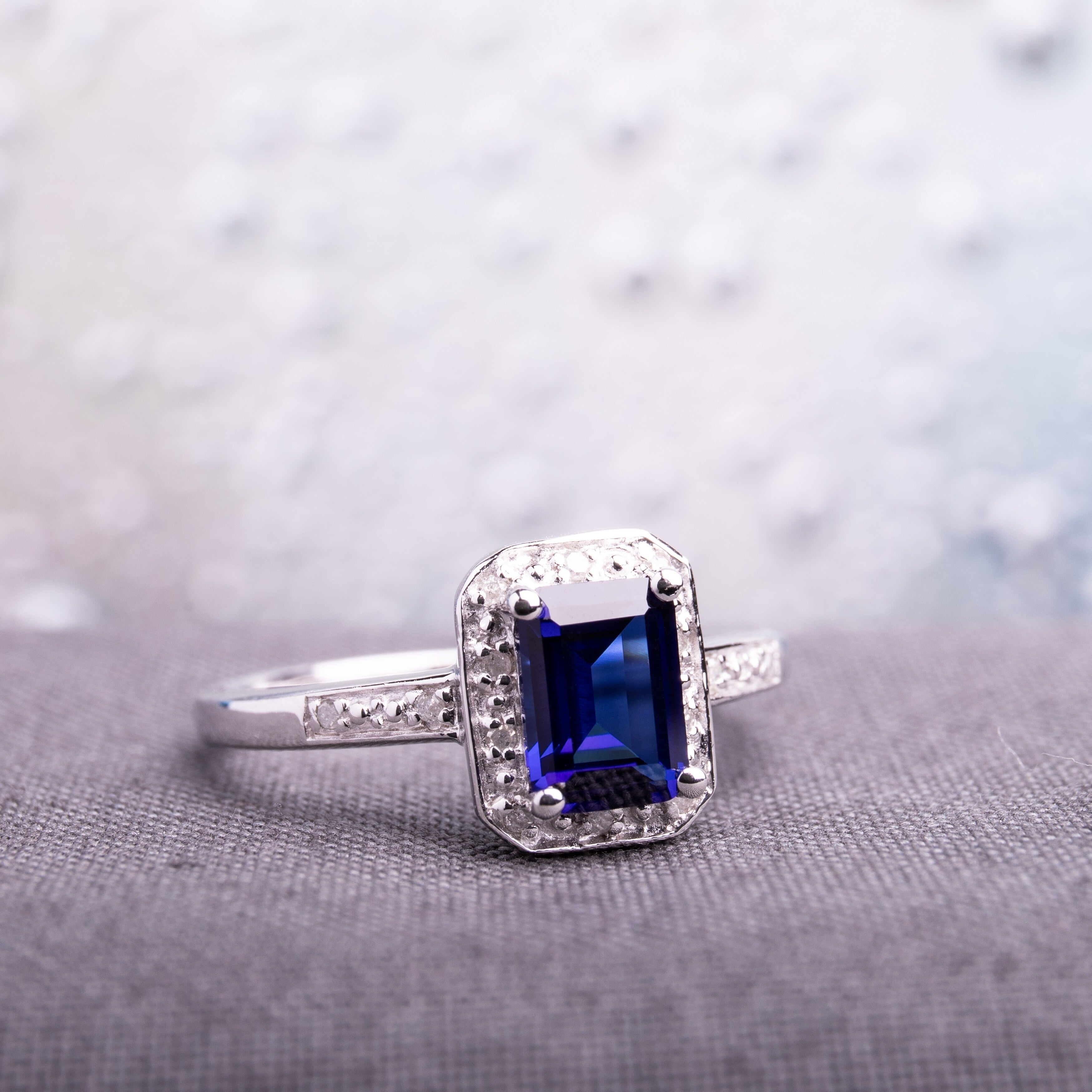 Miadora Sterling Silver Emerald Cut Created Sapphire And Diamond Ring Blue
