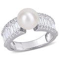 Miadora Sterling Silver Fw Cultured Pearl Created White Sapphire Multi Row Cocktail Ring 8 8.5Mm