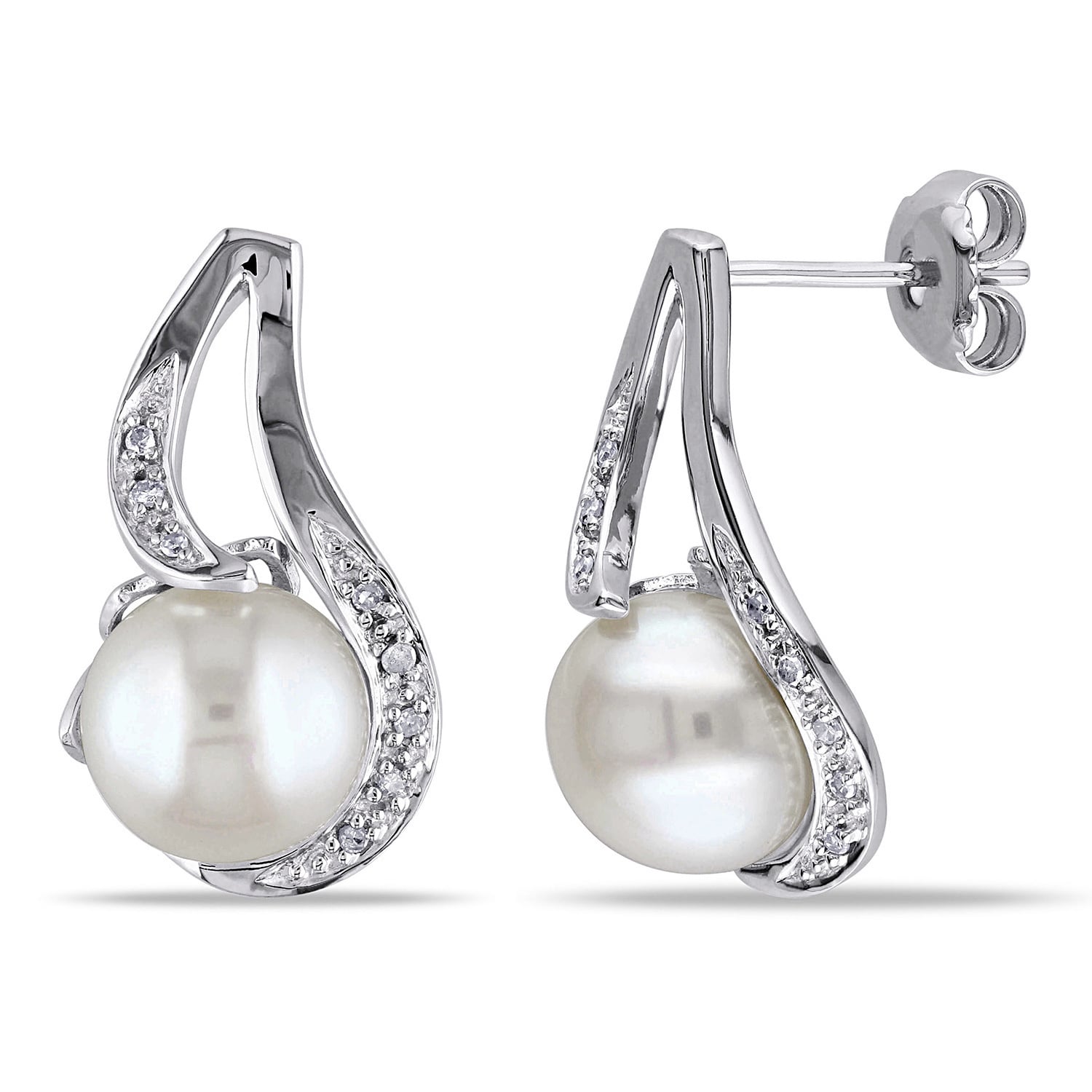 Miadora Sterling Silver Fw Pearl And Diamond Accent Earrings 9.5 10 Mm