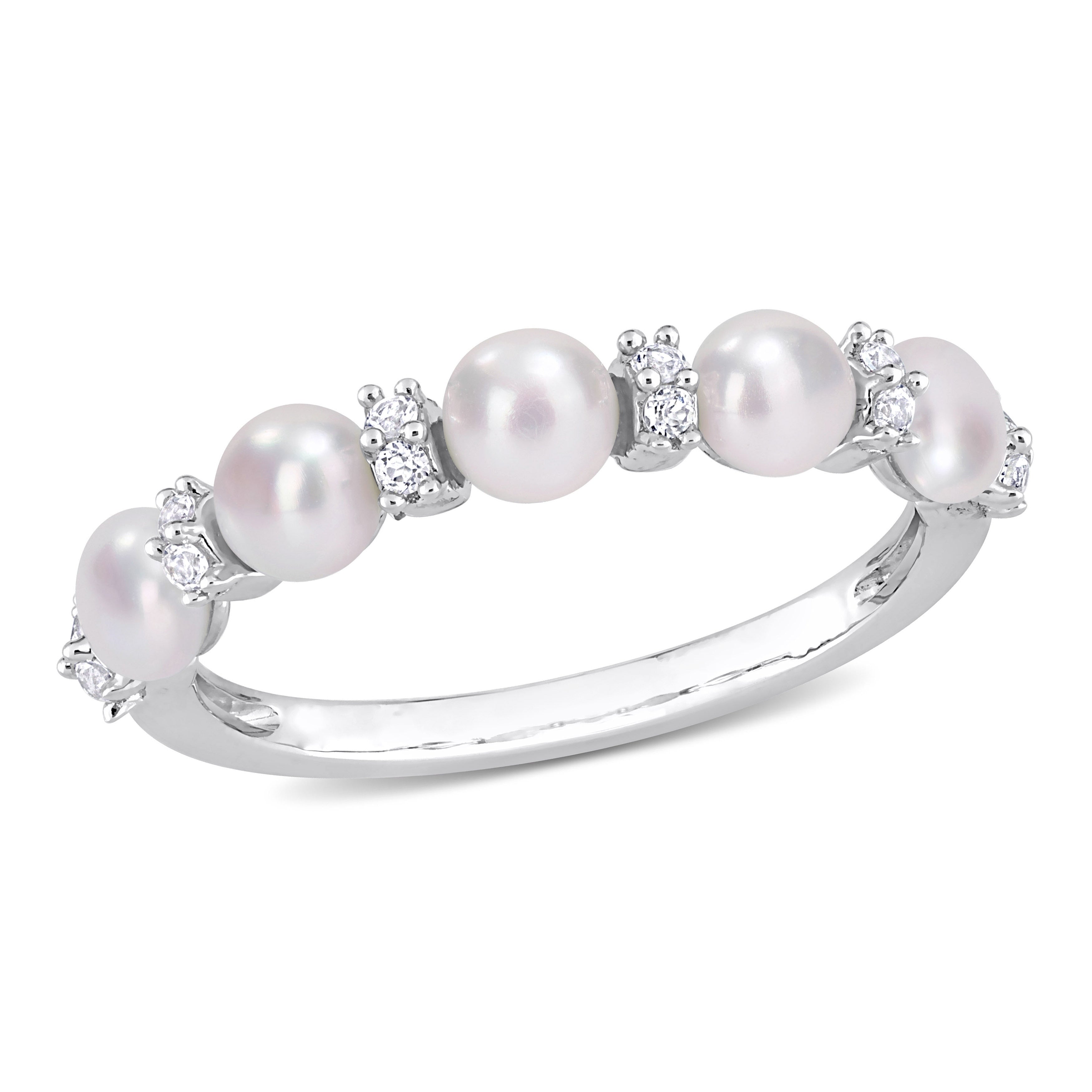 Miadora Sterling Silver Freshwater Cultured Pearl White Topaz 5 Stone Semi Eternity Ring 3.5 4Mm