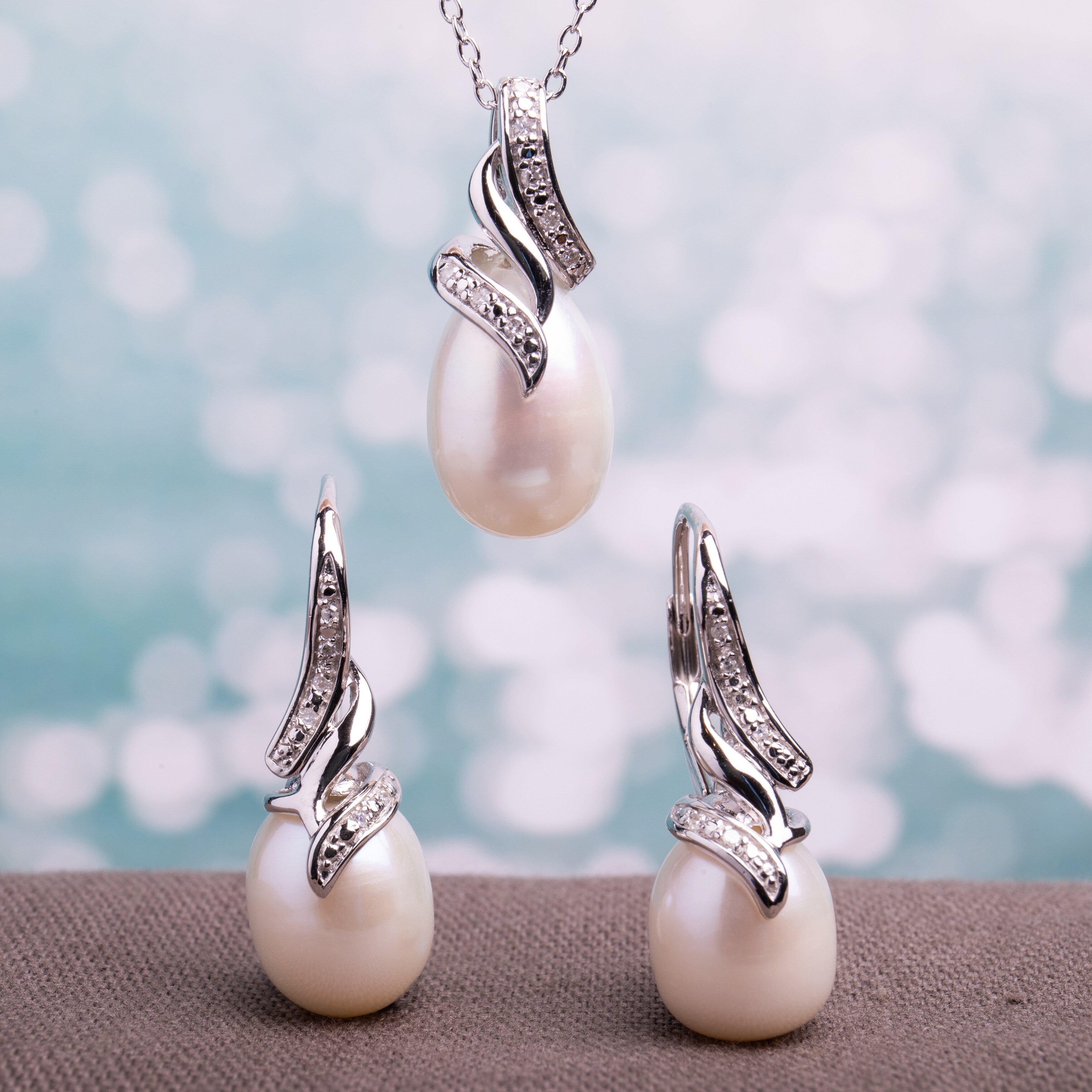 Miadora Sterling Silver Freshwater Cultured Pearl And 1 10Ct Tdw Diamond Earrings And Necklace White