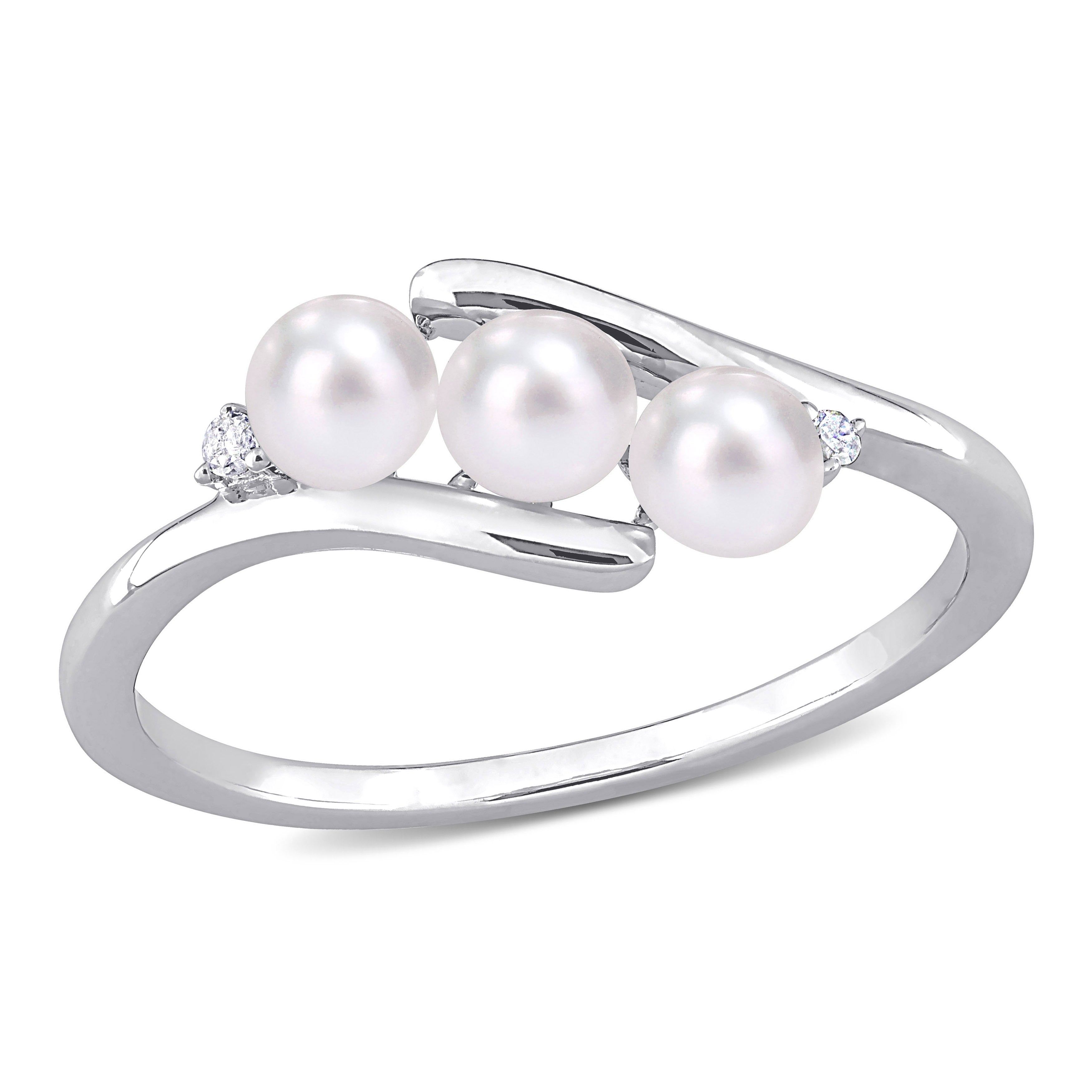 Miadora Sterling Silver Freshwater Cultured Pearl And Diamond Accent 3 Stone Bypass Ring 3.5 4Mm