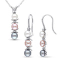 Miadora Sterling Silver Freshwater Grey Pink And White Pearl And Diamond Accent 2 Piece Drop Necklace And Earrings Set 4 6 Mm