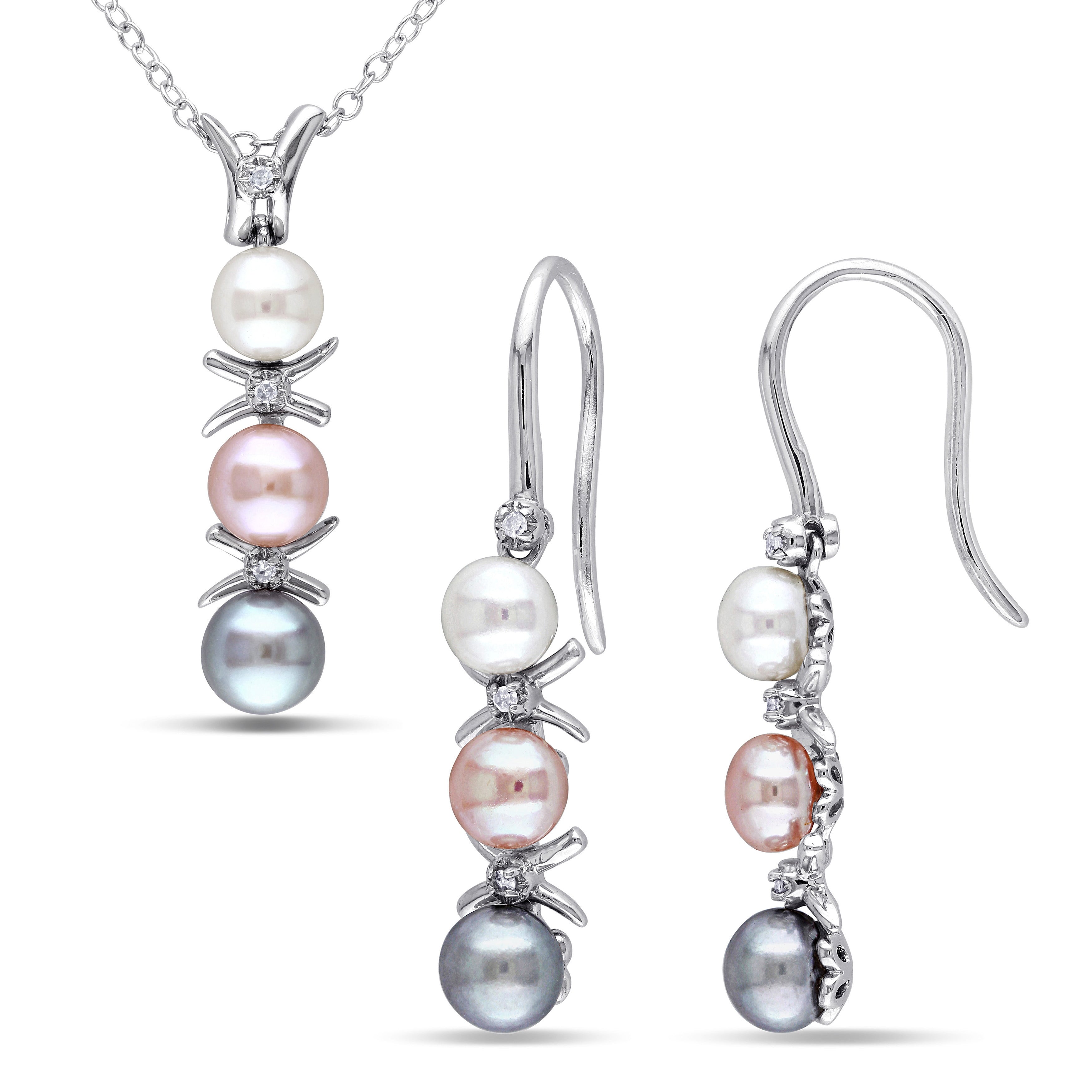 Miadora Sterling Silver Freshwater Grey Pink And White Pearl And Diamond Accent 2 Piece Drop Necklace And Earrings Set 4 6 Mm