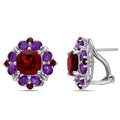 Miadora Sterling Silver Garnet And African Amethyst Floral Cluster Earrings