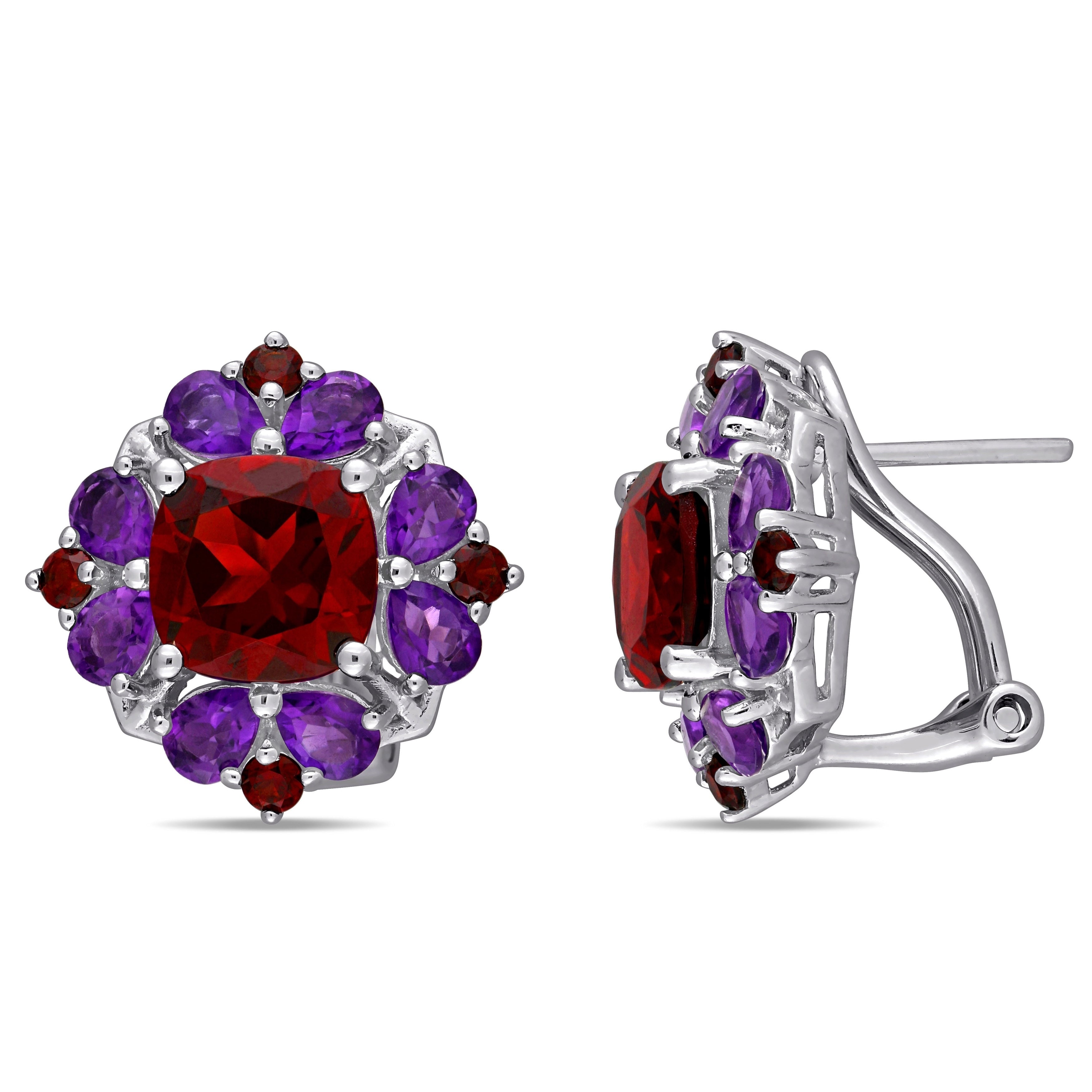 Miadora Sterling Silver Garnet And African Amethyst Floral Cluster Earrings