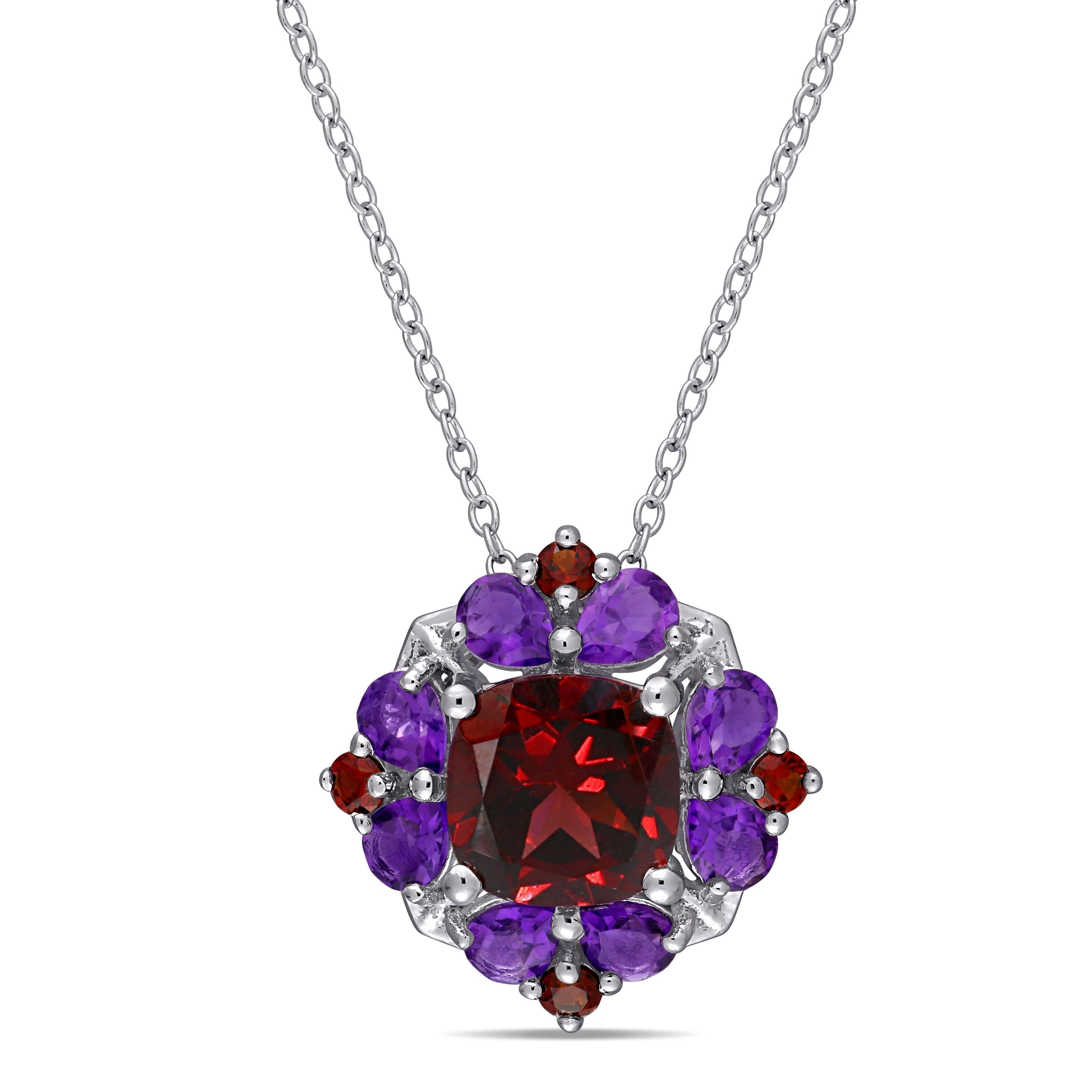 Miadora Sterling Silver Garnet And African Amethyst Floral Cluster Necklace