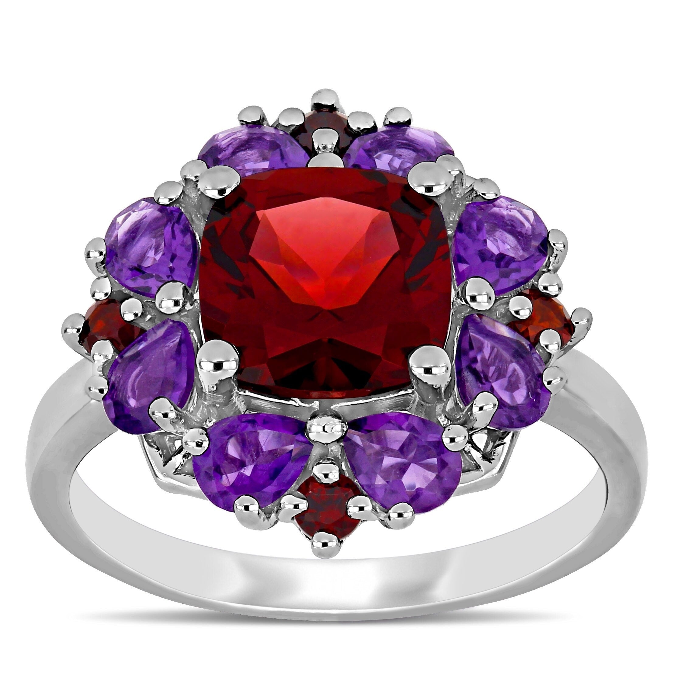 Miadora Sterling Silver Garnet And African Amethyst Floral Cluster Ring