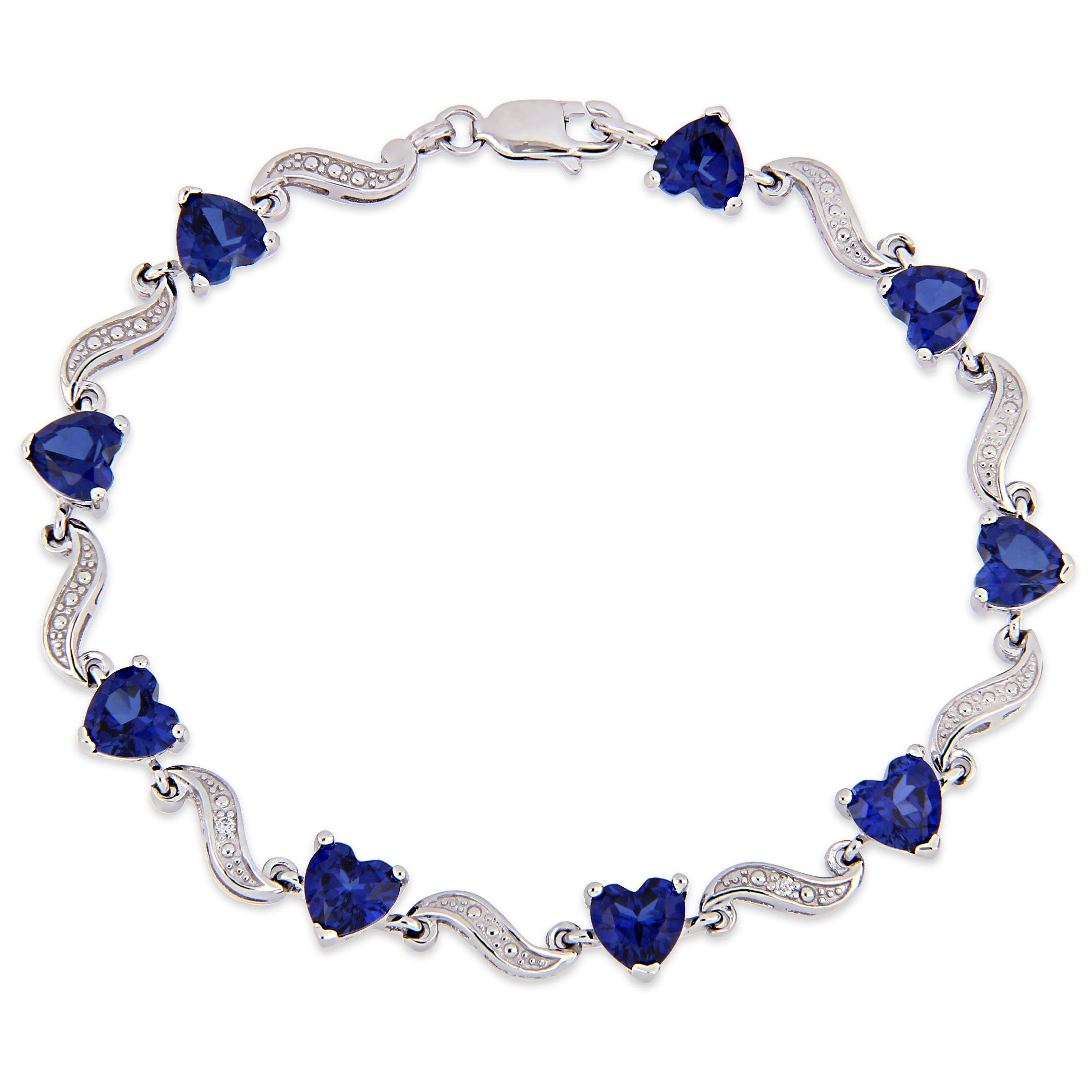 Miadora Sterling Silver Heart Cut Created Blue Sapphire And Diamond Tennis Bracelet