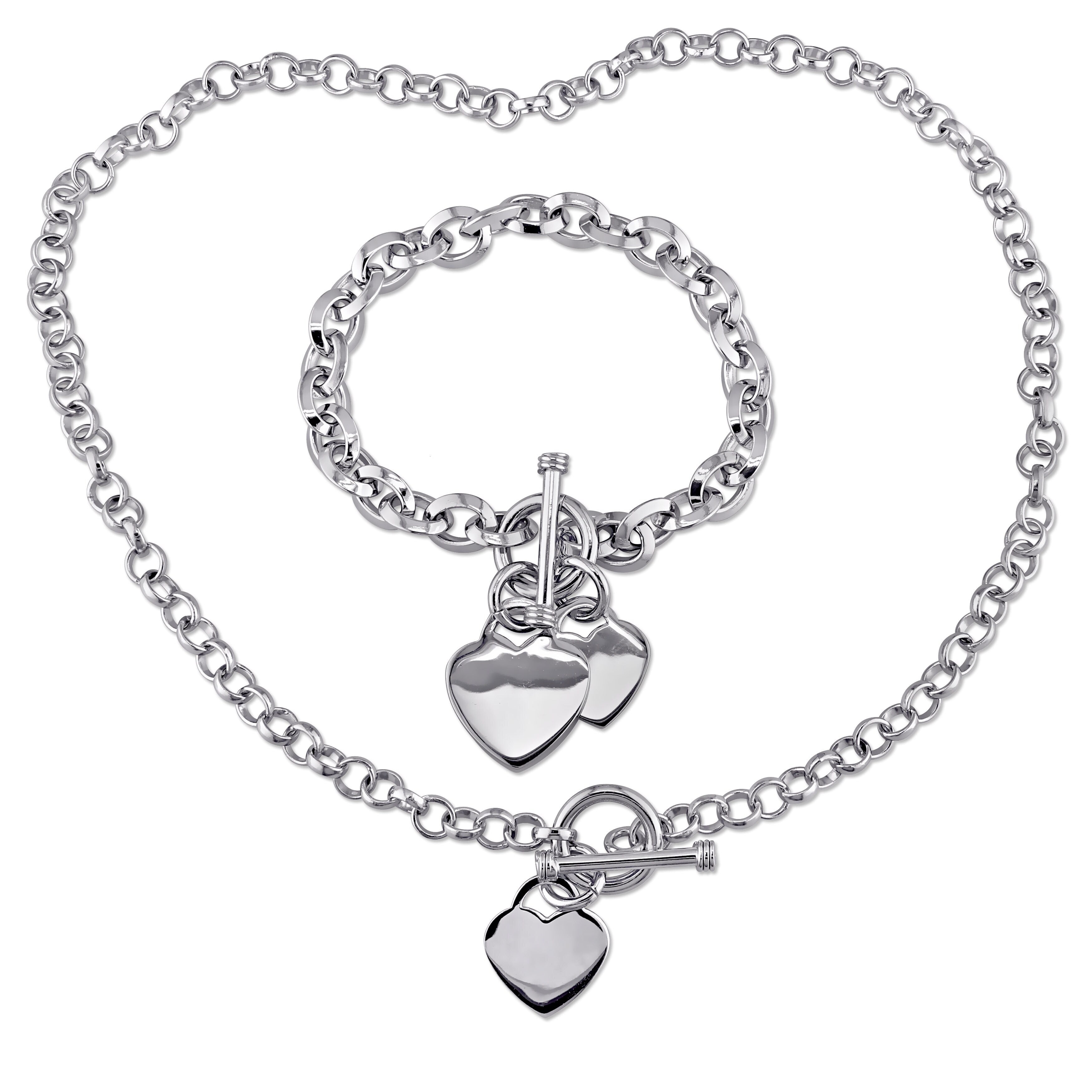 Miadora Sterling Silver Linked Heart Charm Necklace And Bracelet 2 Piece Set White