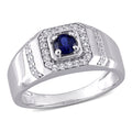Miadora Sterling Silver Mens Created Blue And White Sapphire Halo Wedding Band Ring