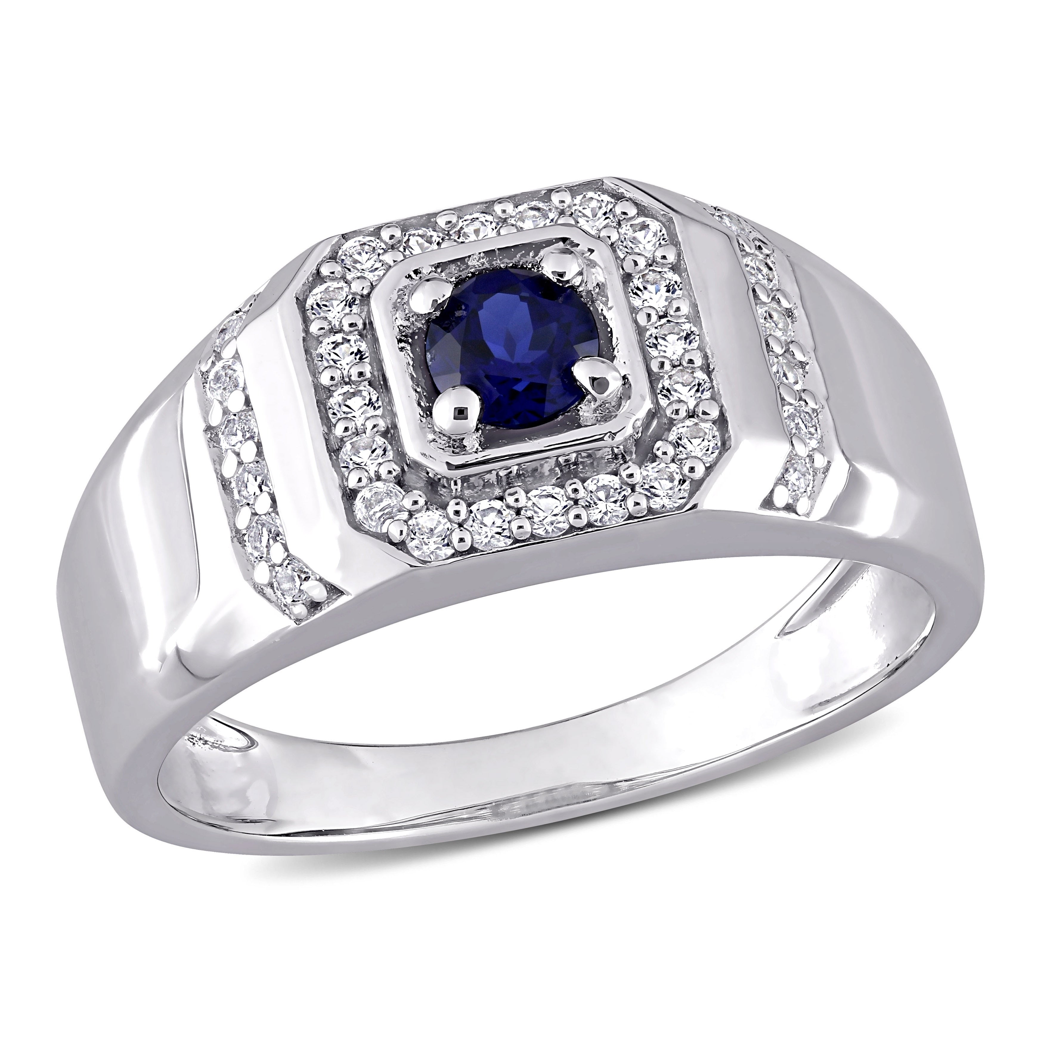 Miadora Sterling Silver Mens Created Blue And White Sapphire Halo Wedding Band Ring