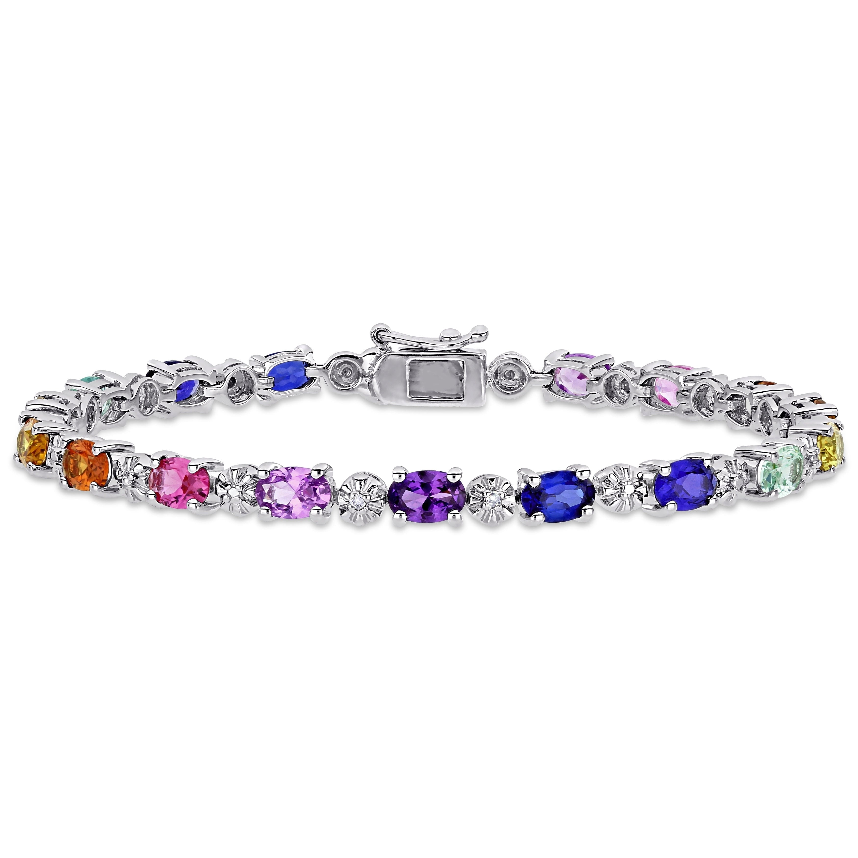 Miadora Sterling Silver Multi Color Created Sapphire And Diamond Tennis Bracelet