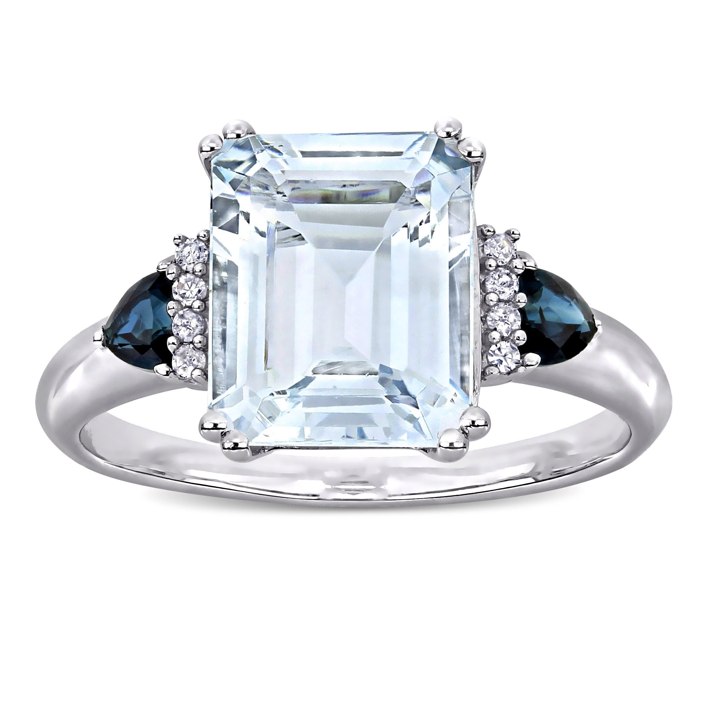 Miadora Sterling Silver Multi Cut Ice Aquamarine Blue Sapphire And Diamond 3 Stone Cocktail Ring