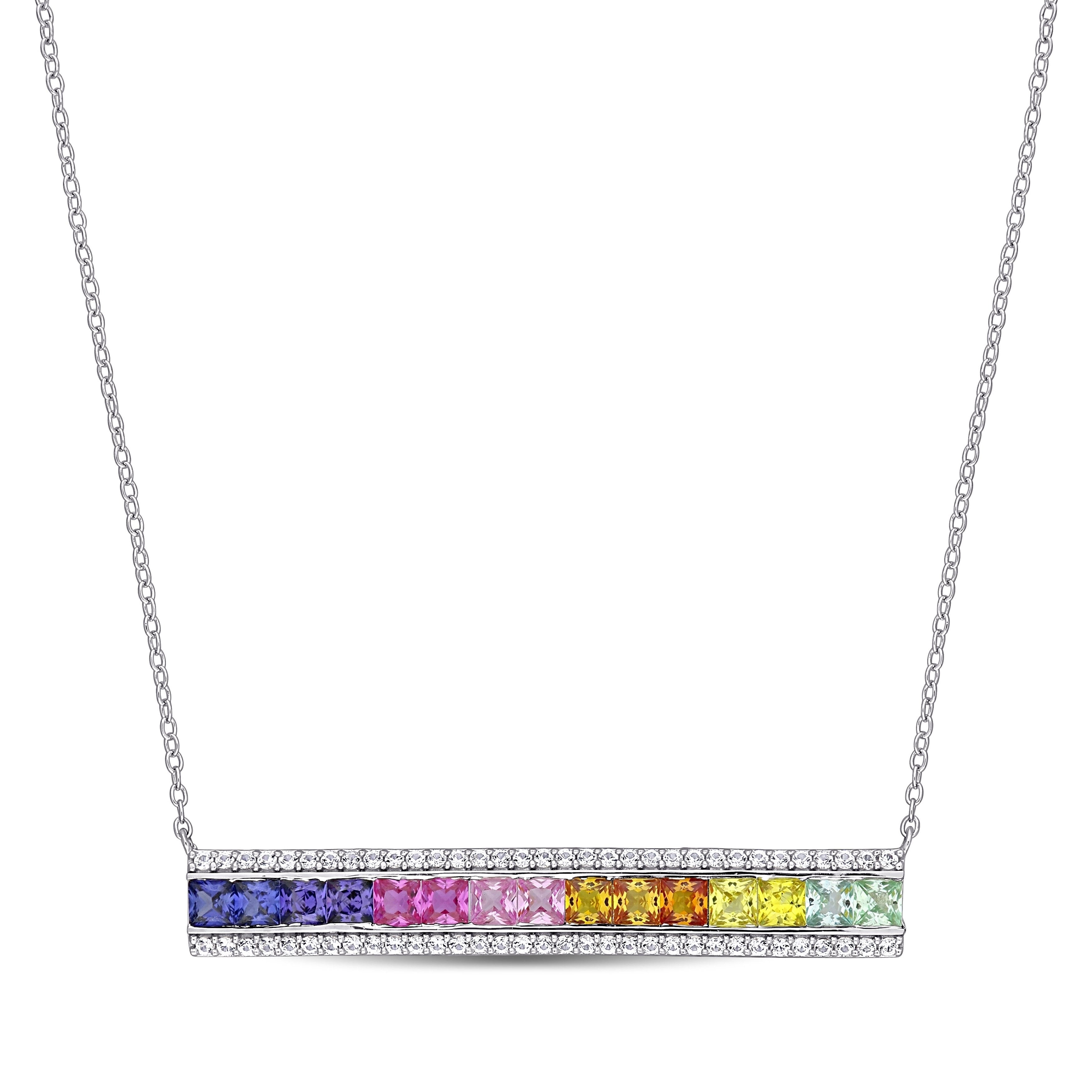 Miadora Sterling Silver Multi Color Created Sapphire Station Bar Necklace