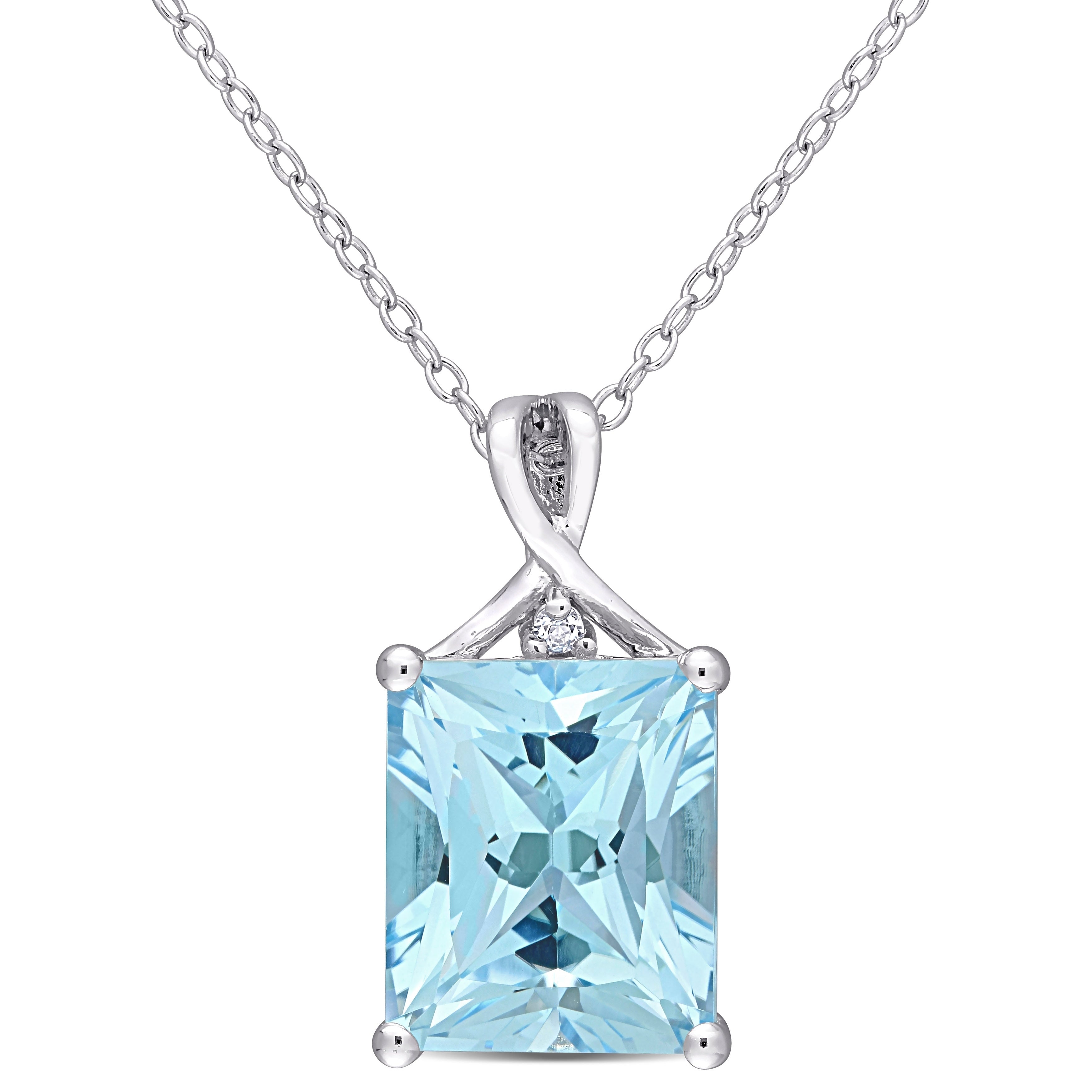 Miadora Sterling Silver Octagon Cut Blue And White Topaz Solitaire Drop Necklace