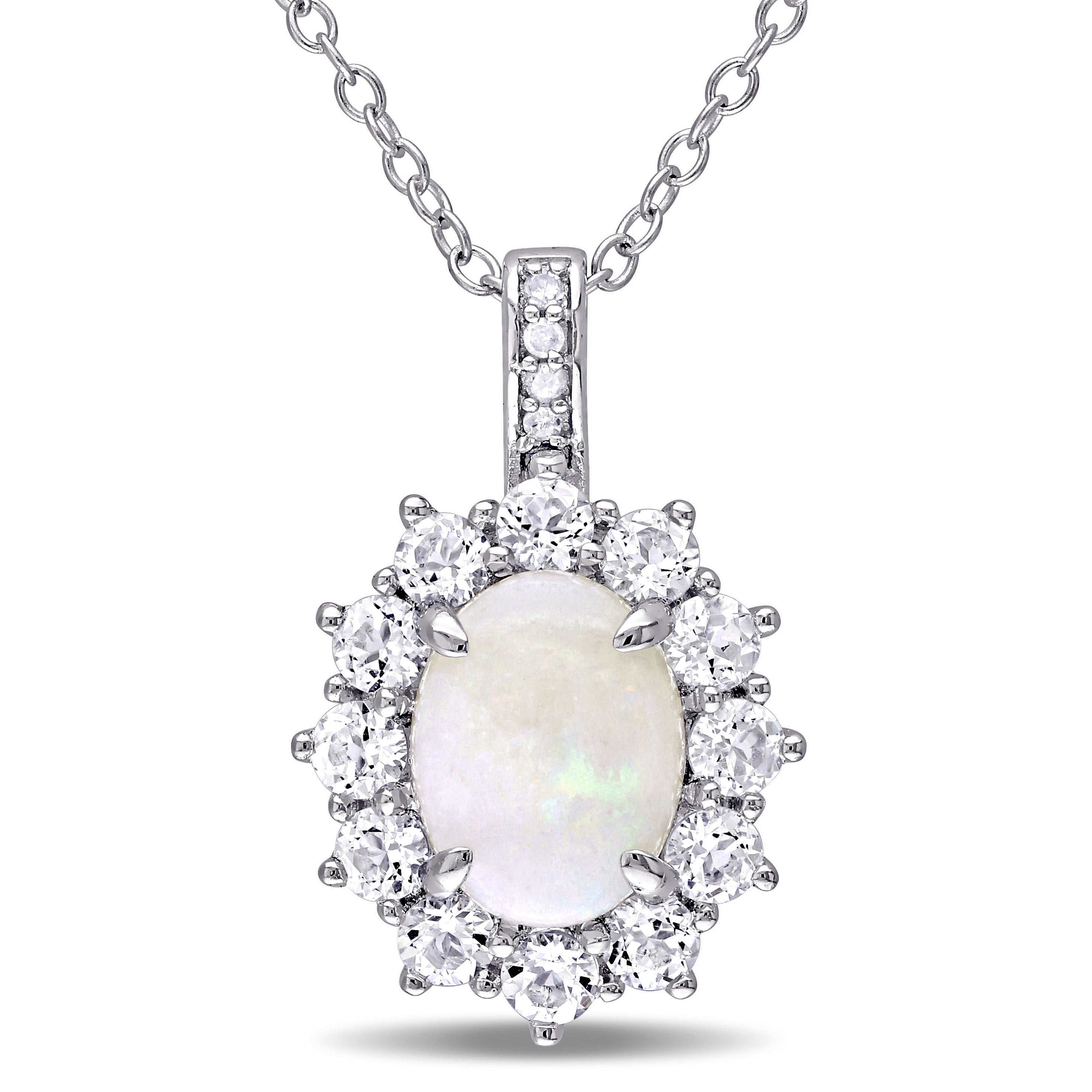 Miadora Sterling Silver Opal White Topaz And Diamond Accent Halo Necklace