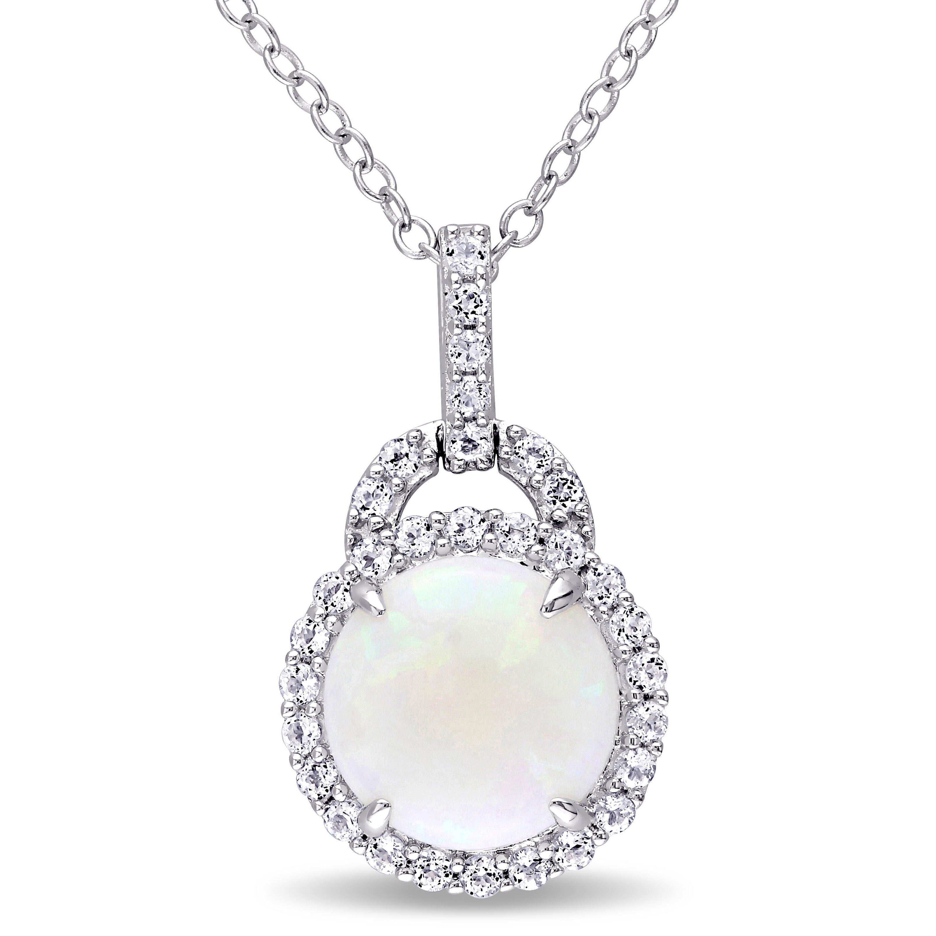 Miadora Sterling Silver Opal And White Topaz Halo Necklace
