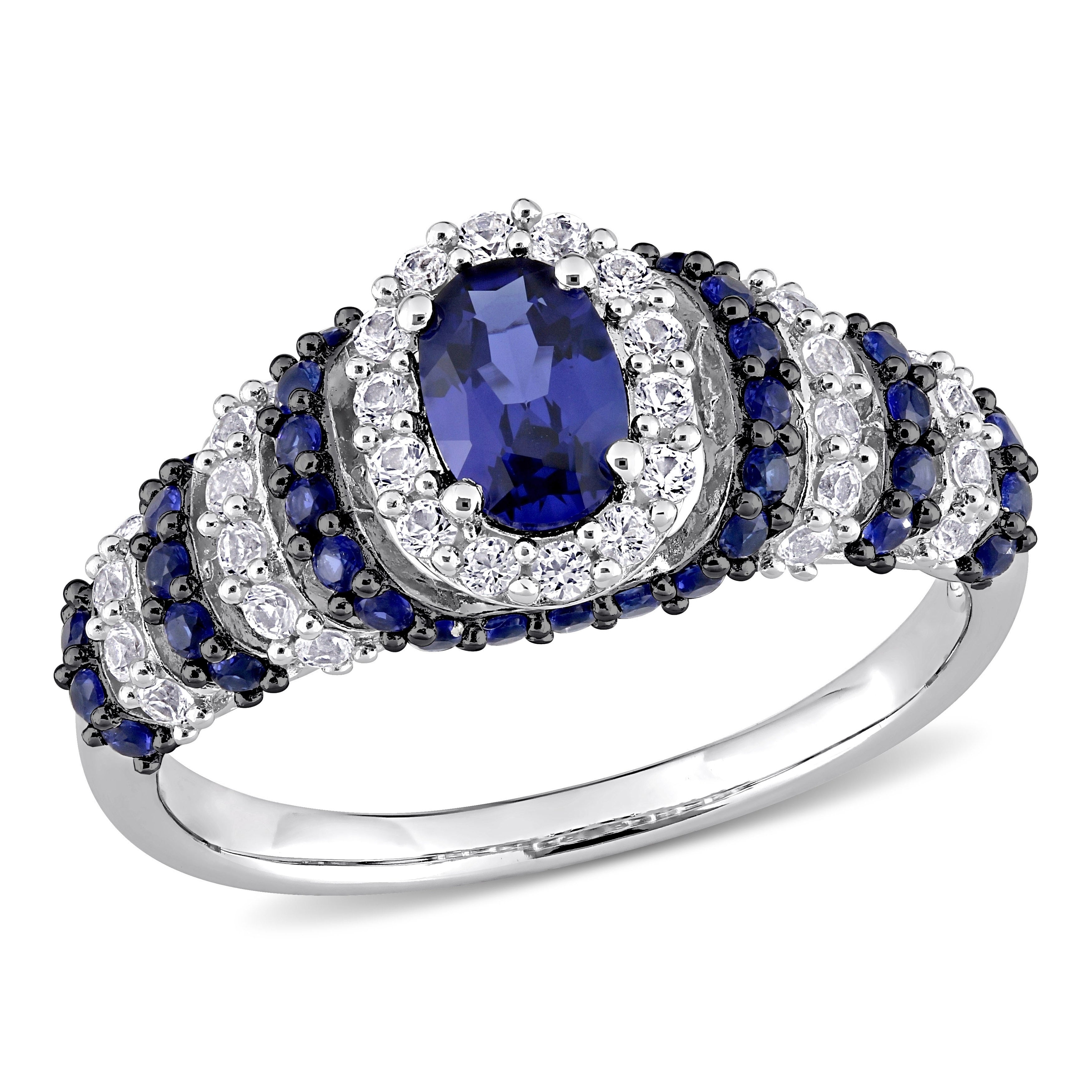 Miadora Sterling Silver Oval Created Blue And White Sapphire Halo Layered Cocktail Ring