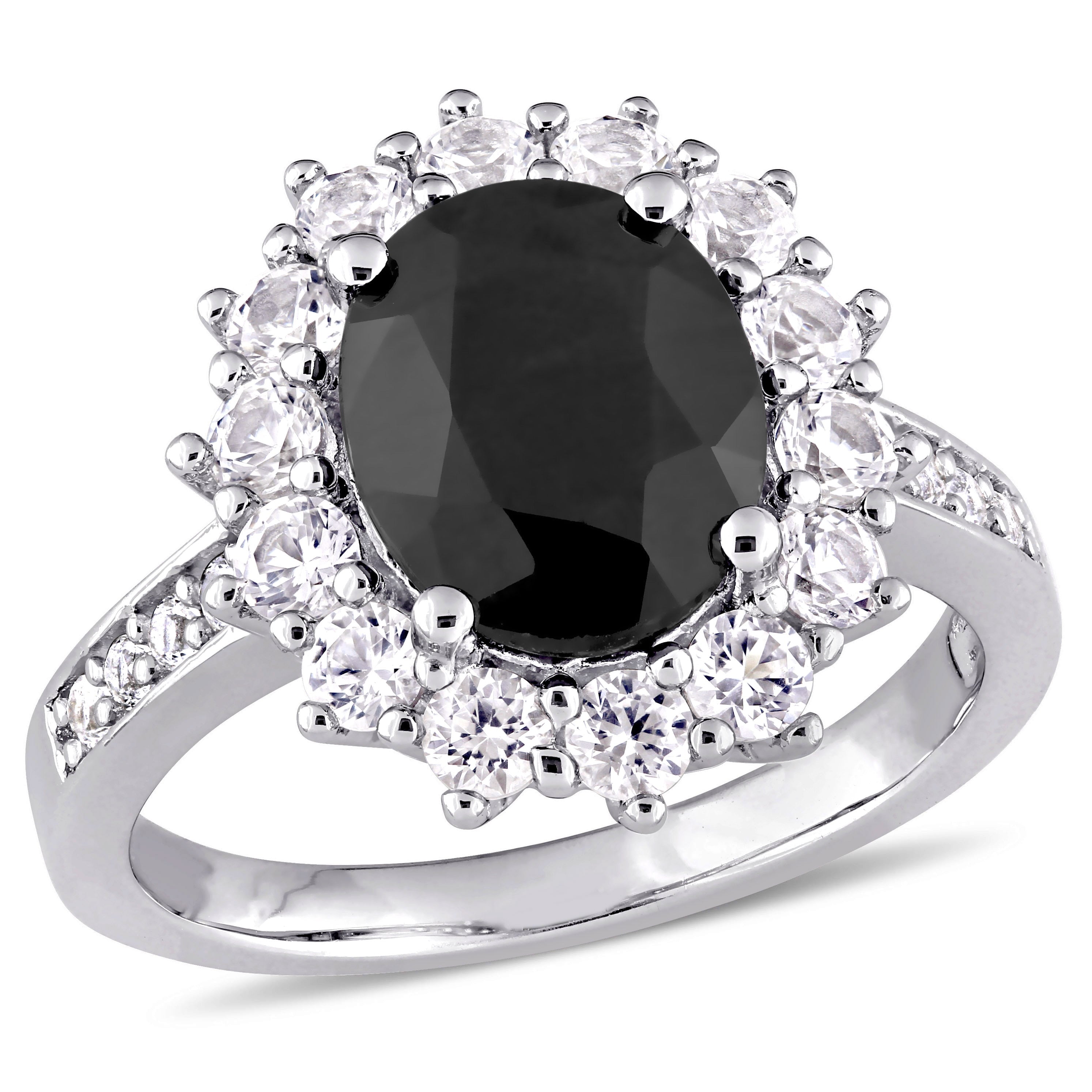 Miadora Sterling Silver Oval Cut Black Sapphire And Created White Sapphire Halo Ring