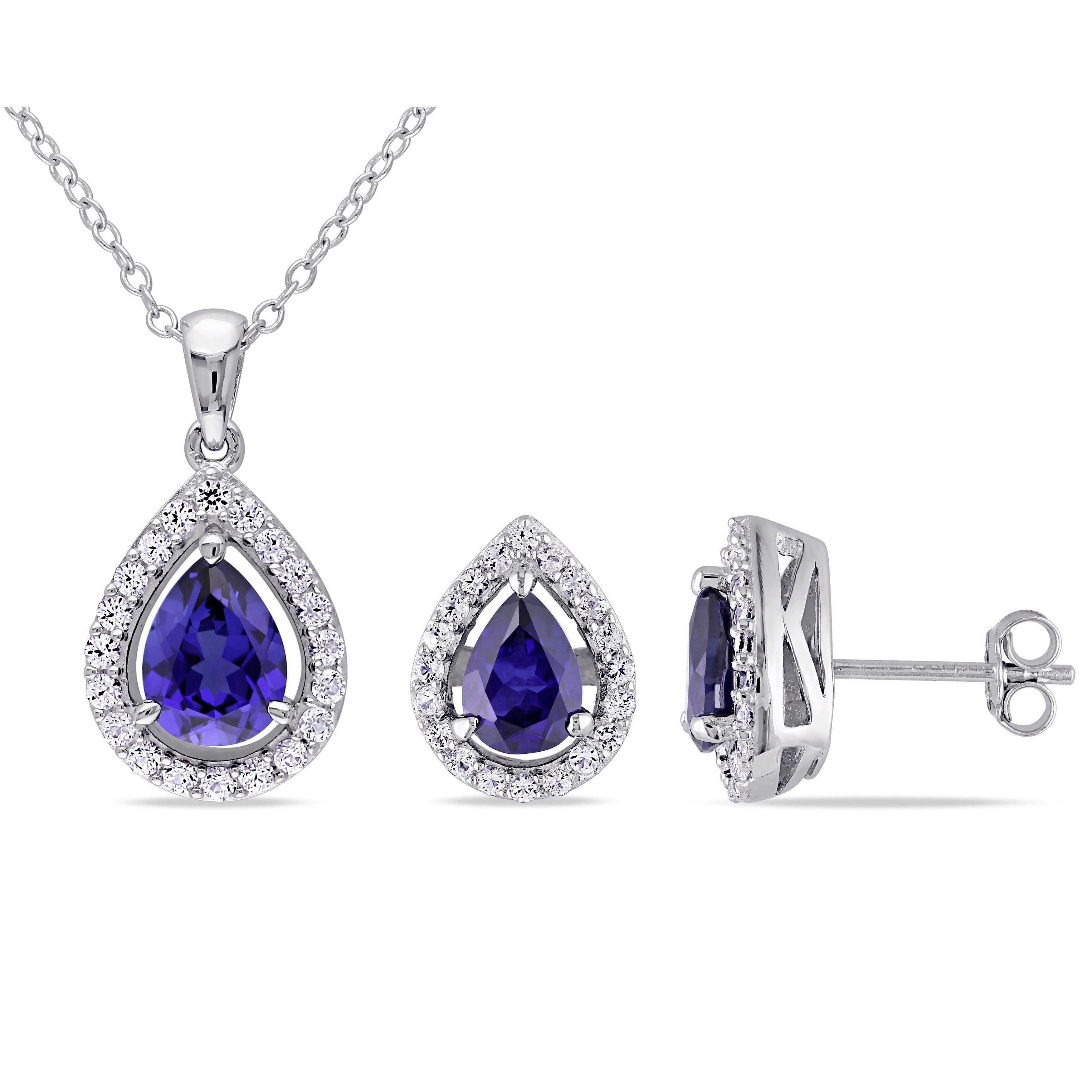 Miadora Sterling Silver Pear Cut Created Blue And White Sapphire Halo Teardrop Necklace And Stud Earrings 2 Piece Set