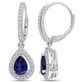 Miadora Sterling Silver Pear Cut Created Blue And White Sapphire Teardrop Halo Birthstone Leverback Earrings
