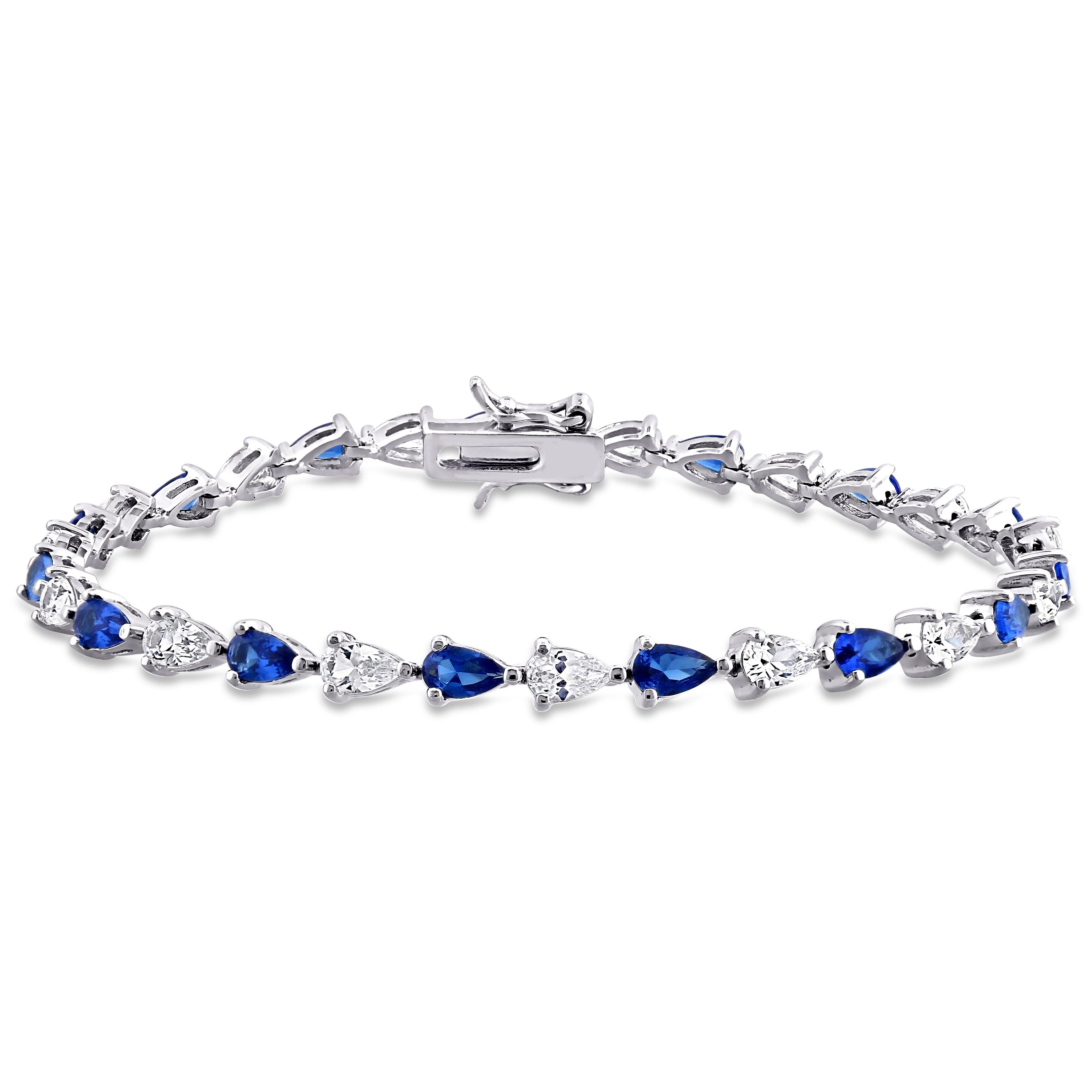 Miadora Sterling Silver Pear Cut Created Blue And White Sapphire Tennis Bracelet