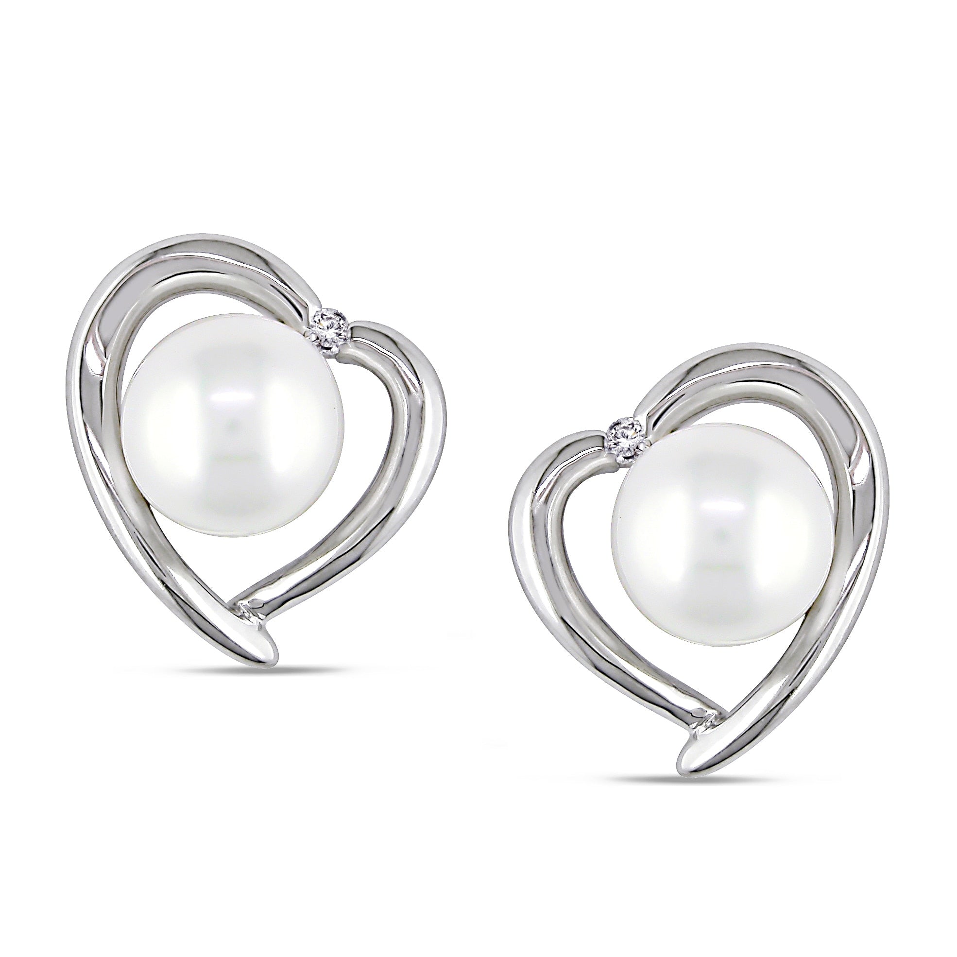 Miadora Sterling Silver Pearl And Diamond Heart Halo Stud Earrings 8 8.5Mm