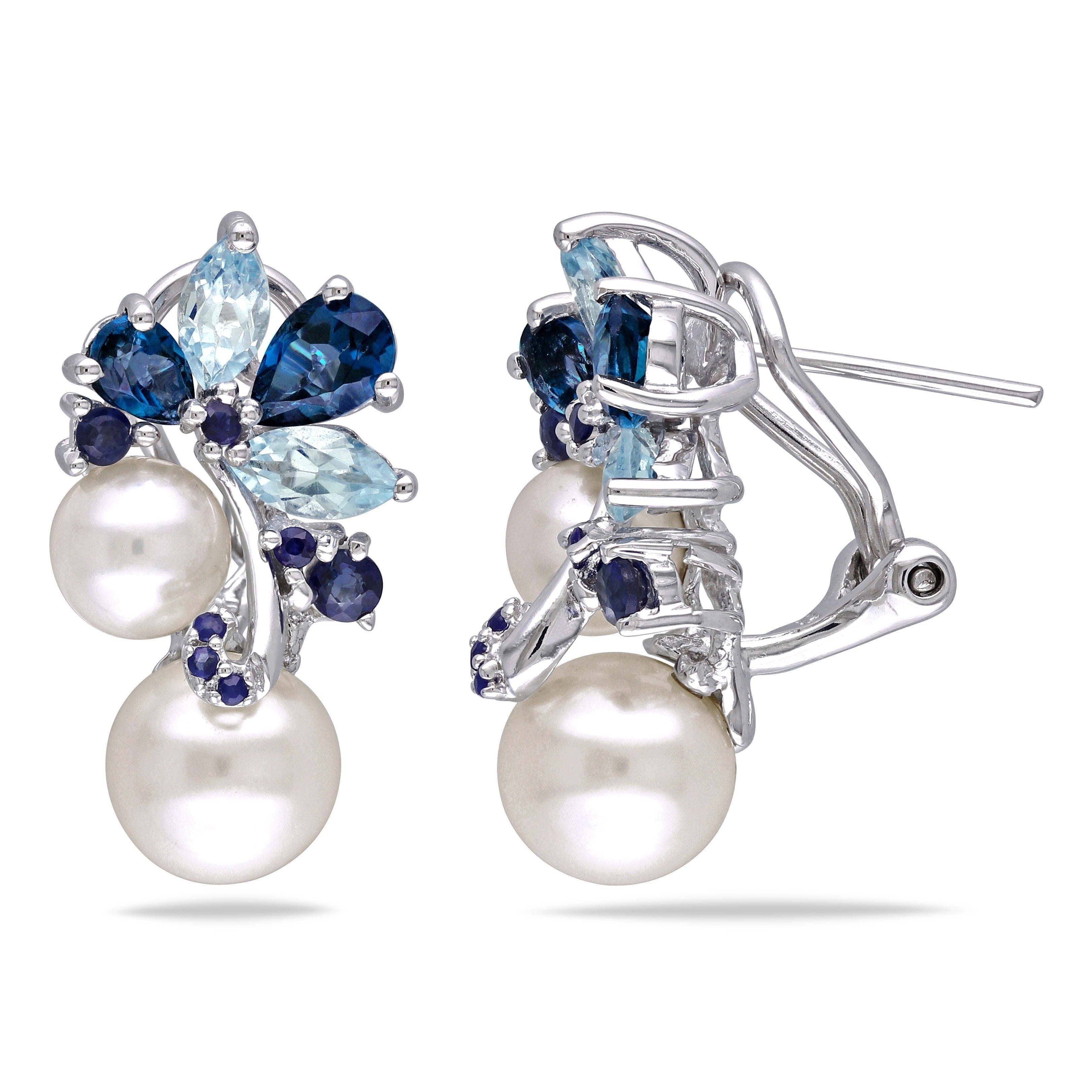 Miadora Sterling Silver Pearl Blue Topaz And Sapphire Cluster Drop Earrings 6 8.5Mm White