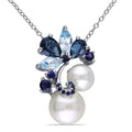 Miadora Sterling Silver Pearl London Sky Topaz And Sapphire Drop Pendant Necklace 7 9 Mm