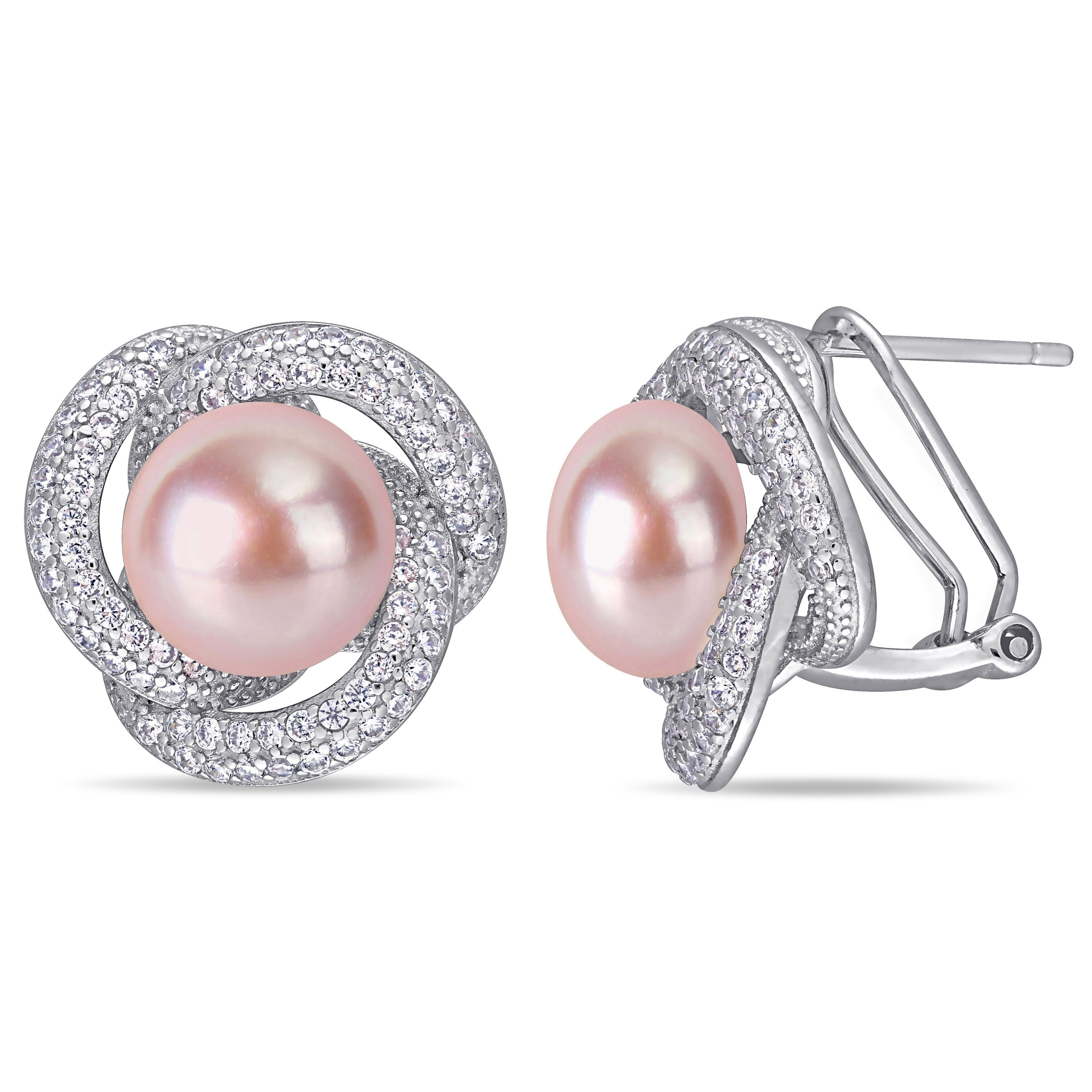 Miadora Sterling Silver Pink Cultured Fw Pearl And Cz Swirl Halo Earrings 10 11 Mm