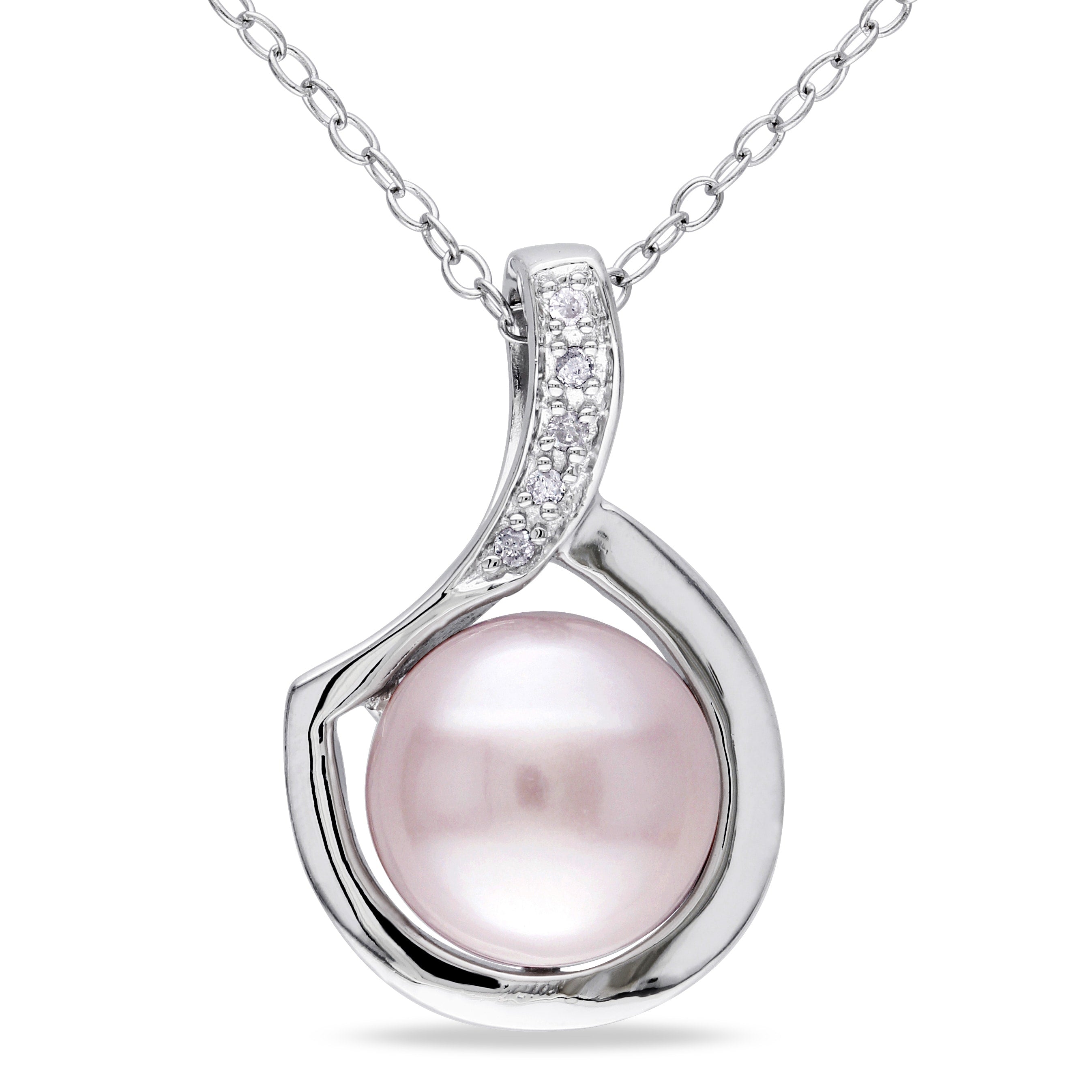 Miadora Sterling Silver Pink Cultured Freshwater Pearl And Diamond Accent Floating Swirl Dangle Necklace 9 9.5 Mm